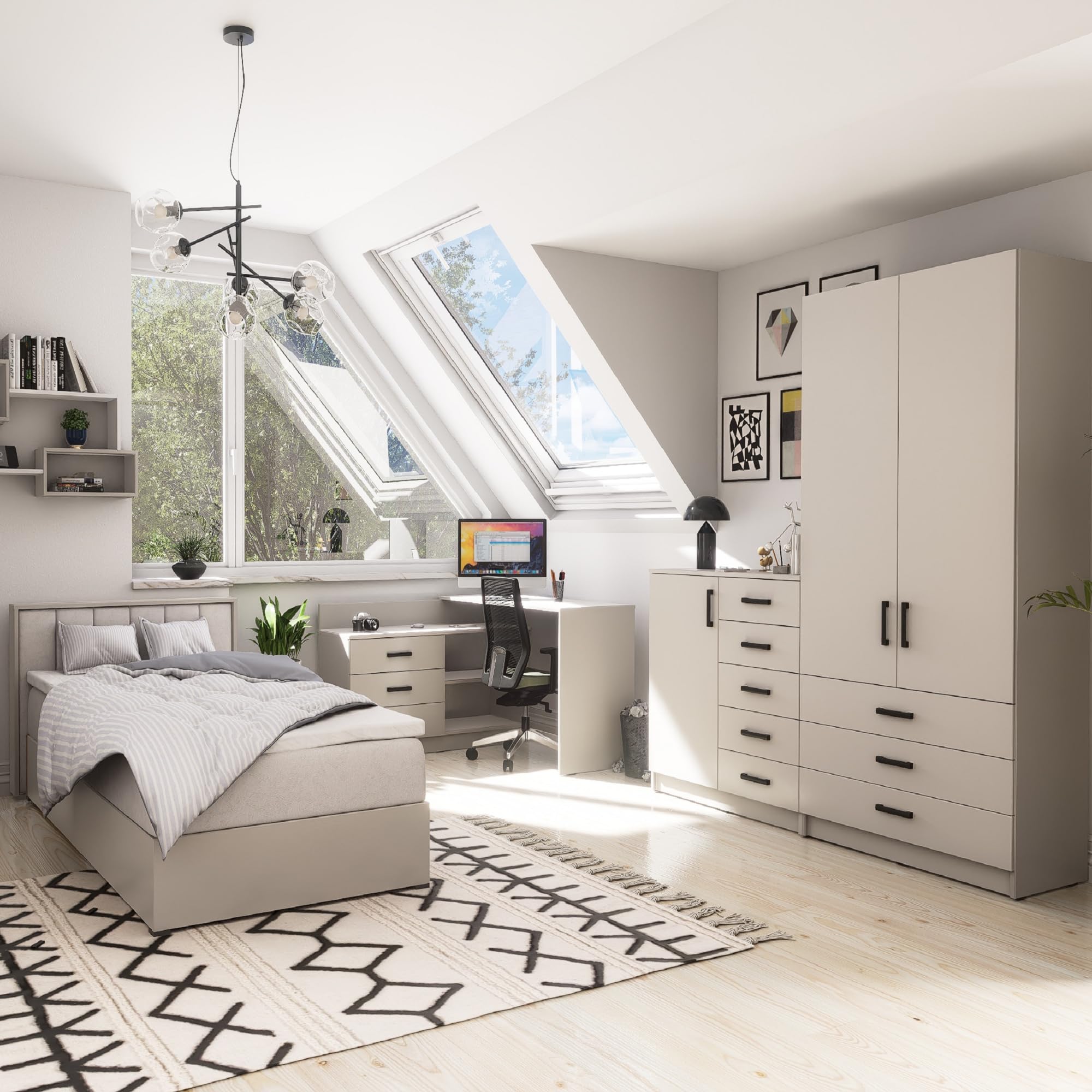 Kleiderschrank Sigma 90 cm breit mit 2 Drehtüren und 3 Schubladen Korpus in Kaschmir Schlafzimmerschrank Kinderzimmerschrank Systemschrank (Türen-Kaschmir, Schubladen-Kaschmir)
