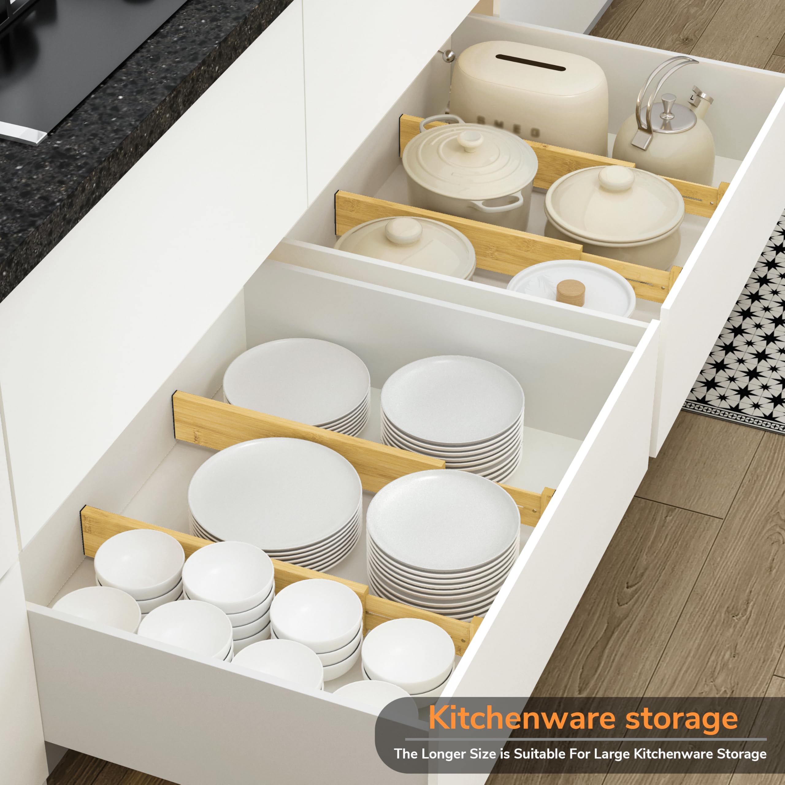 BAMEOS Große Bambus-Schubladenteiler, 7,6 cm, verstellbare Schubladenorganisation, erweiterbar, Utensilien-Organizer für Küche, Kommode, Badezimmer, Schlafzimmer und Büro, 4 Stück