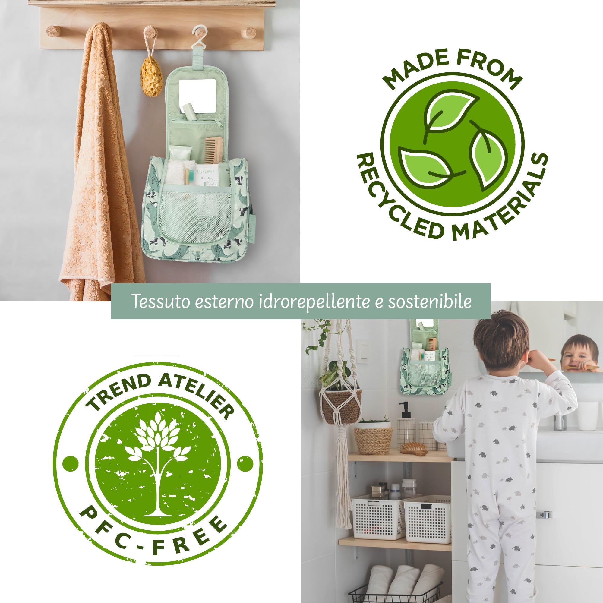 Beauty case bambino appendere trousse toilette sostenibile poliestere riciclato idrorepellente specchio scomparti Dinosauro Verde