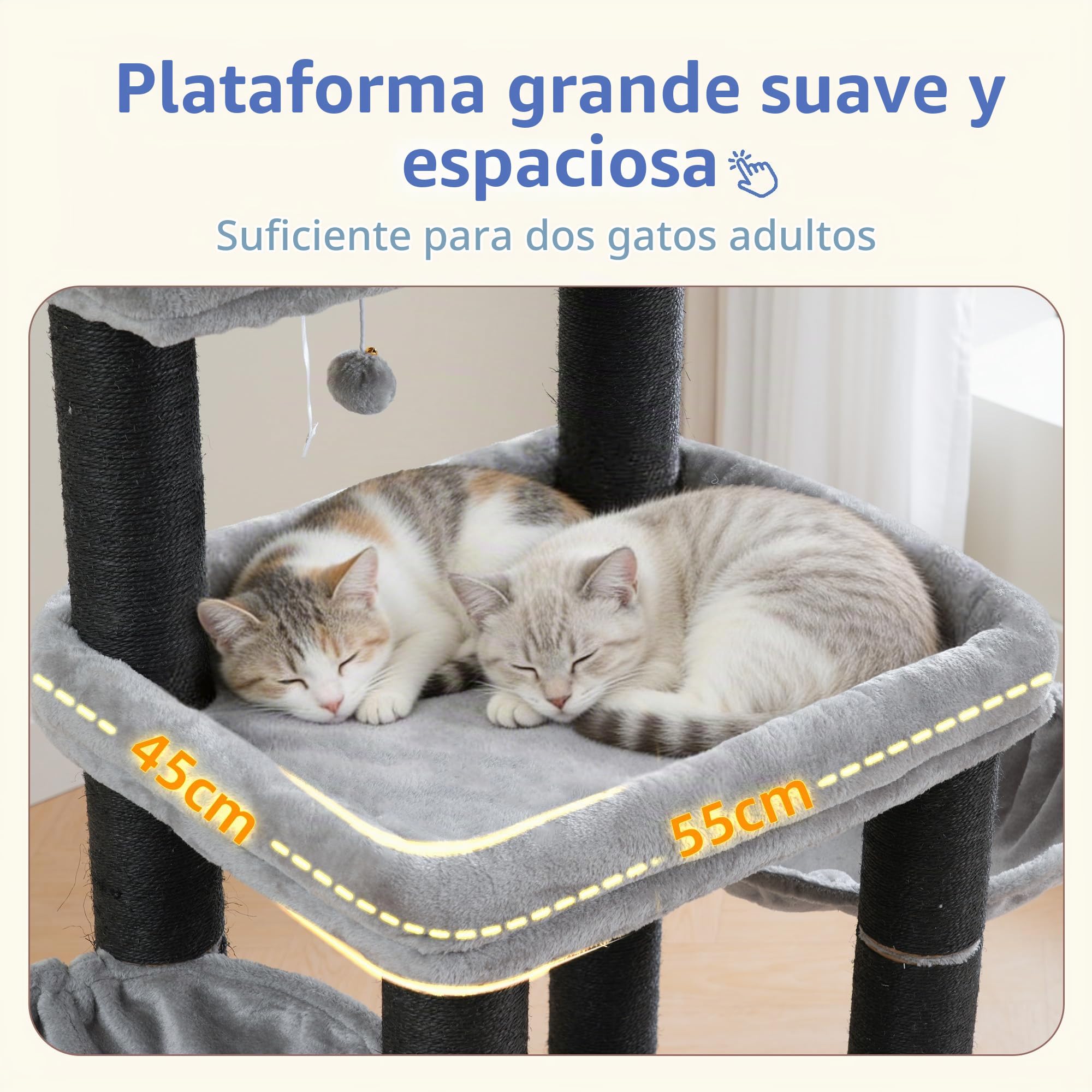 Hey-brother Rascador para Gatos, Poste de Sisal 8 cm Grosor, Cueva, MPJ02G | 130cm Árbol Rascador Para Gatos, con 2 Plataforma, 2 Cesta, Cepillo para Mascotas, para Gato de Interior, Gris Claro