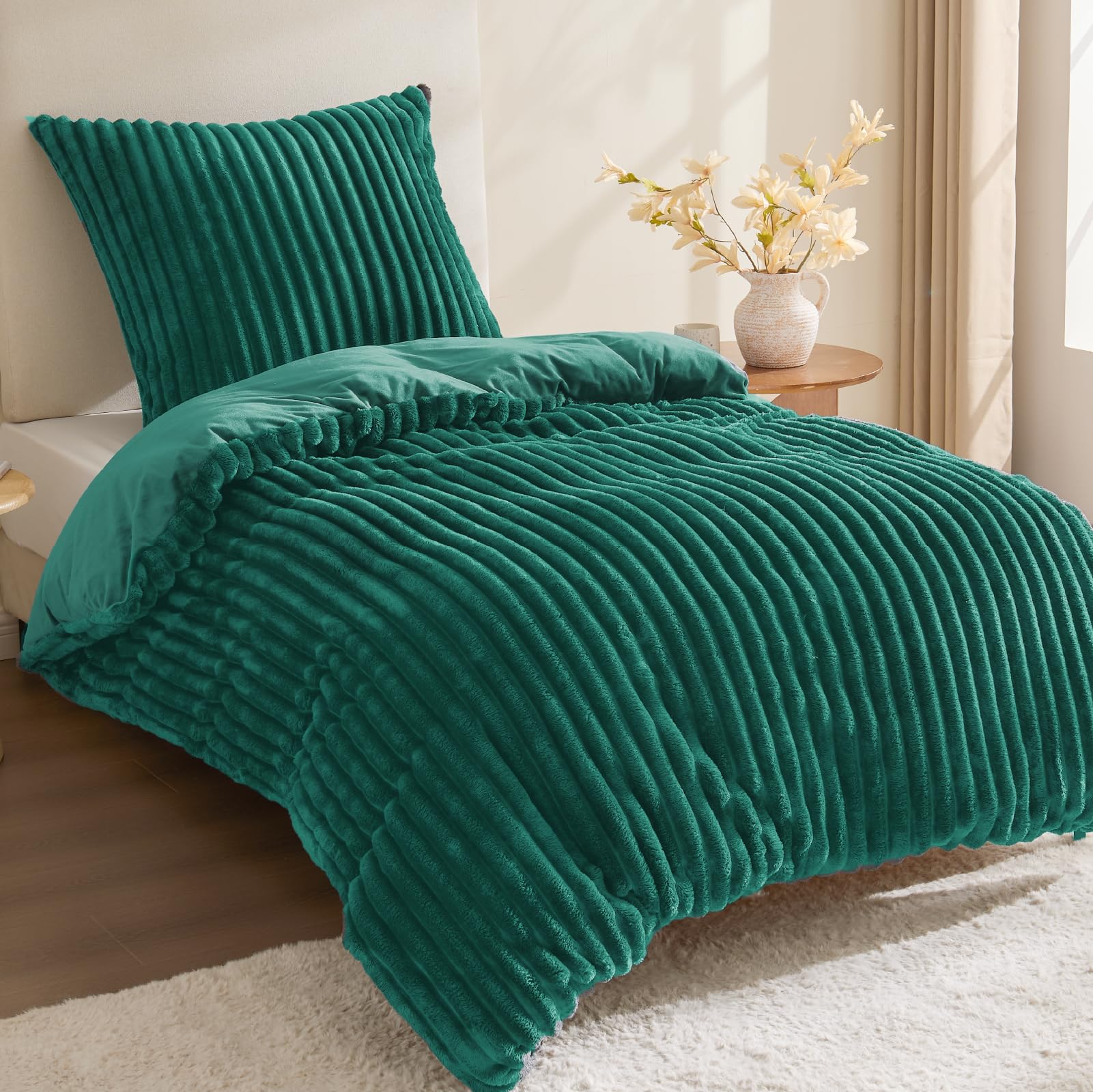 BEDELITE Flanell Bettwäsche 135x200 2teilig Plüsch, Fleece Winter Bettbezug | Cord Kuschelbettwäsche, Weich Flauschig und Warm, 1 Bettbezug 135x200 + 1 Kissenbezug 80x80, Dunkelgrün