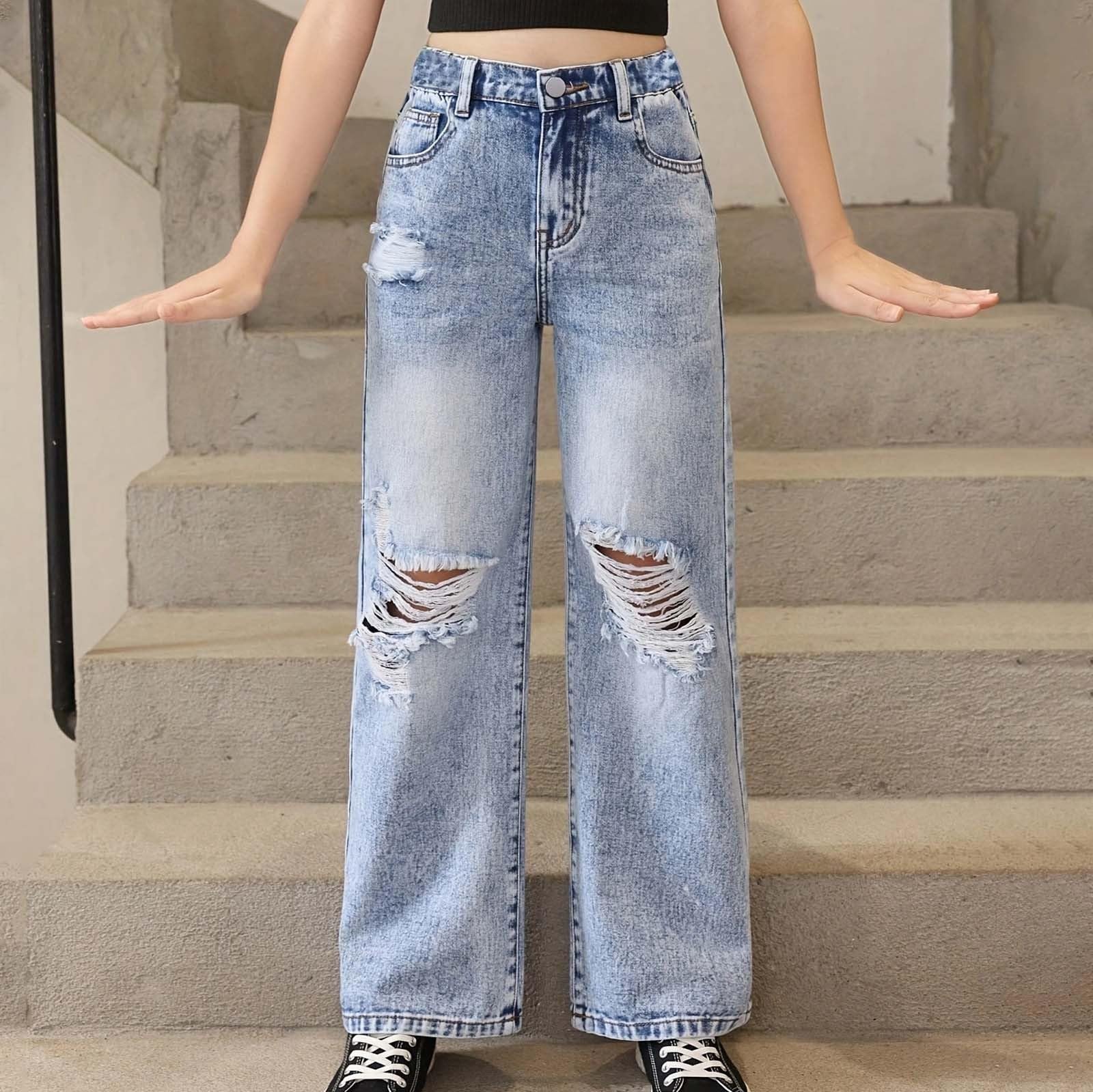 Generico Jeans Bambina 6-14 Anni Baggy Dritto Strappati Pantaloni Jeans Denim Ragazza Elasticizzati Vita Alta Casual Pantaloni da Lavoro Cargo Ampia Invernale con Tasconi Holiday Outdoor