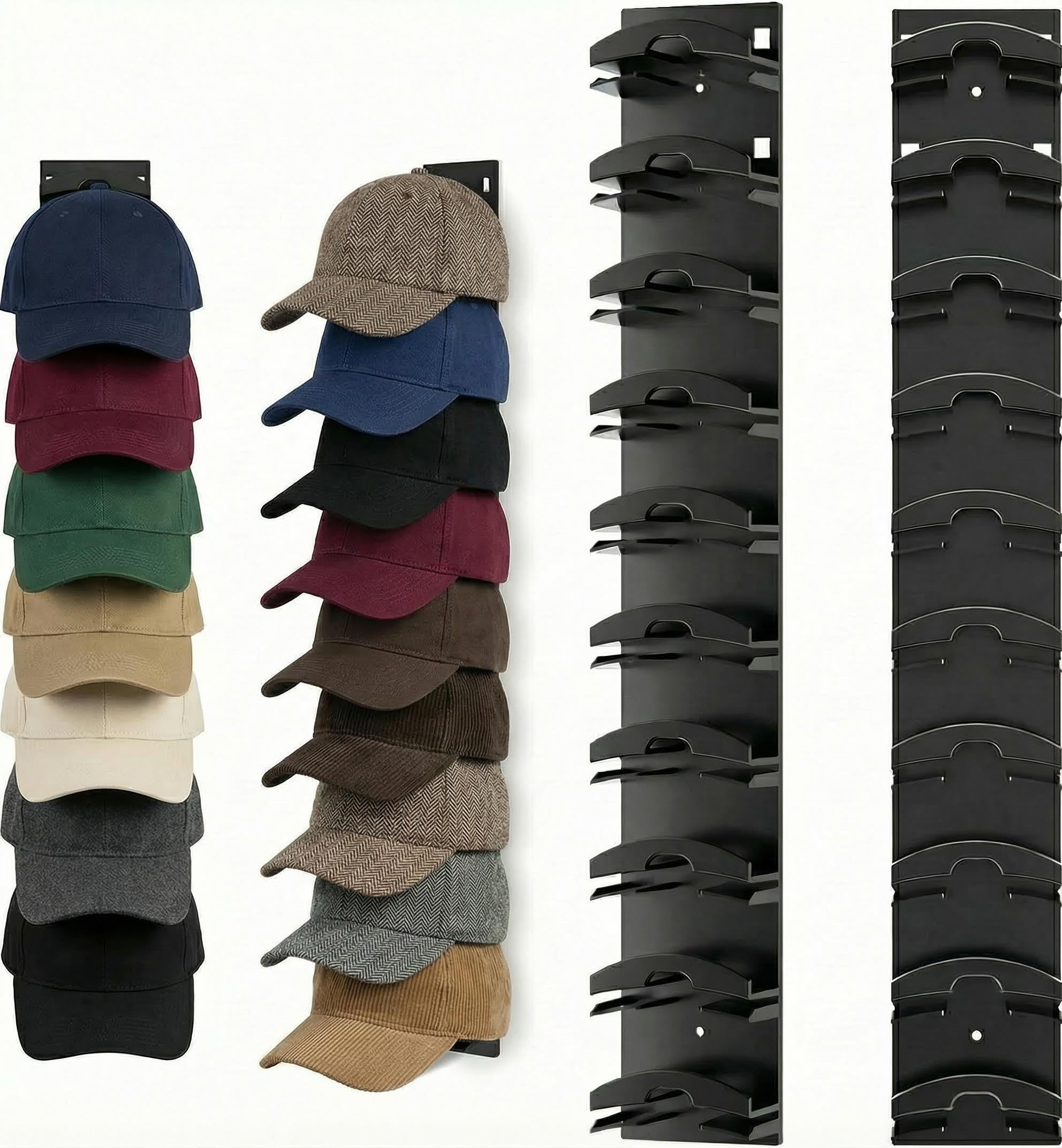 Furkoazki 2 Pack Hat Organizer for Baseball Caps - Wall Mounted Cap Storage Rack, Black Adhesive Hanger Display, Holds 20 Hats, Multi-Layer Design for Door and Closet