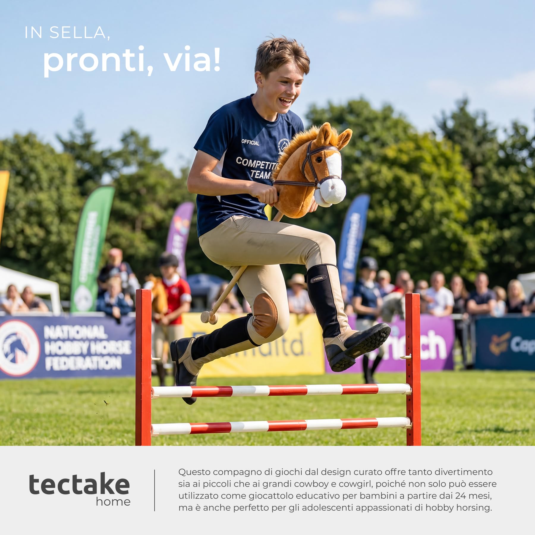 tectake® Cavallo Giocattolo con Bastone per Bimbi, Peluche Cavallo, Cavalli Giocattolo con Bastone in Legno, Doppie Rotelle, Hobby Horse, Idee Regalo Equilibrio per Bambini dai 24 mesi - Marrone