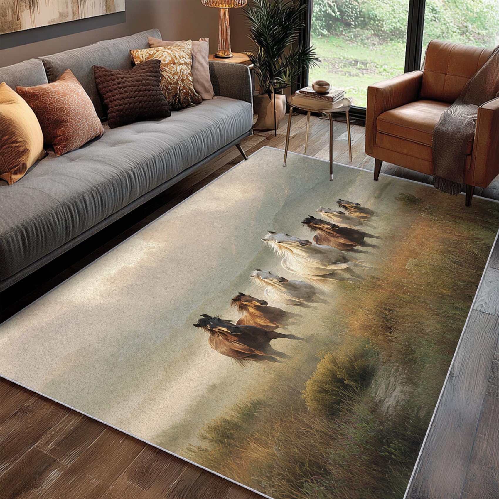 Générique Tapis Cheval, Tapis Salon Motif Chevaux au Galop 140x200 cm, Pile Courte, Antidérapant, pour Carpette Chambre, Descente de Lit, Lavable Interieur, Decoration Maison A(459)
