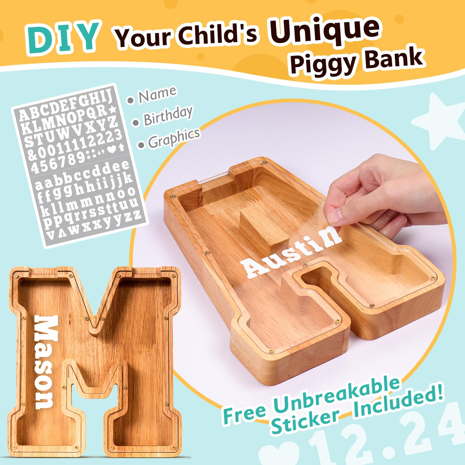 Crefun Large Wooden Letter Piggy Bank - 9.1 Inch, Customizable With Stickers, For Kids & Adults