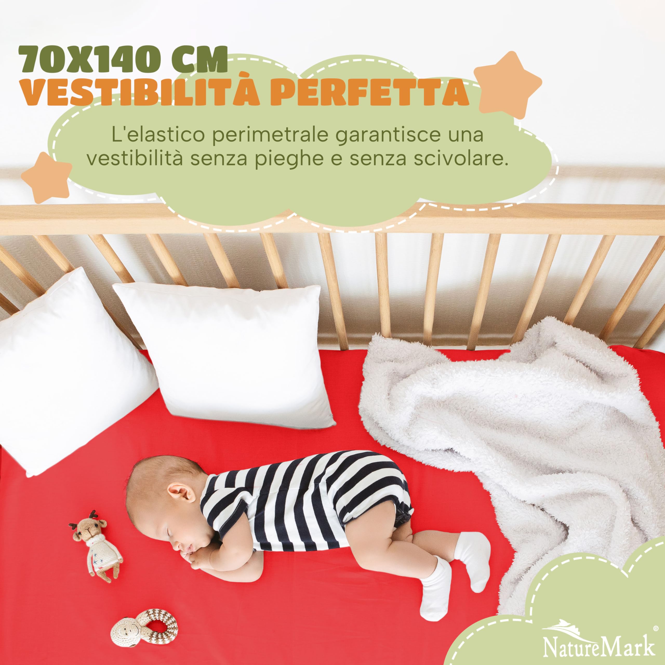 NatureMark Lenzuolo con angoli elasticizzati per bambini, 70 x 140 cm, morbido jersey, 100% cotone, set da 2 per culla e culla, rosso