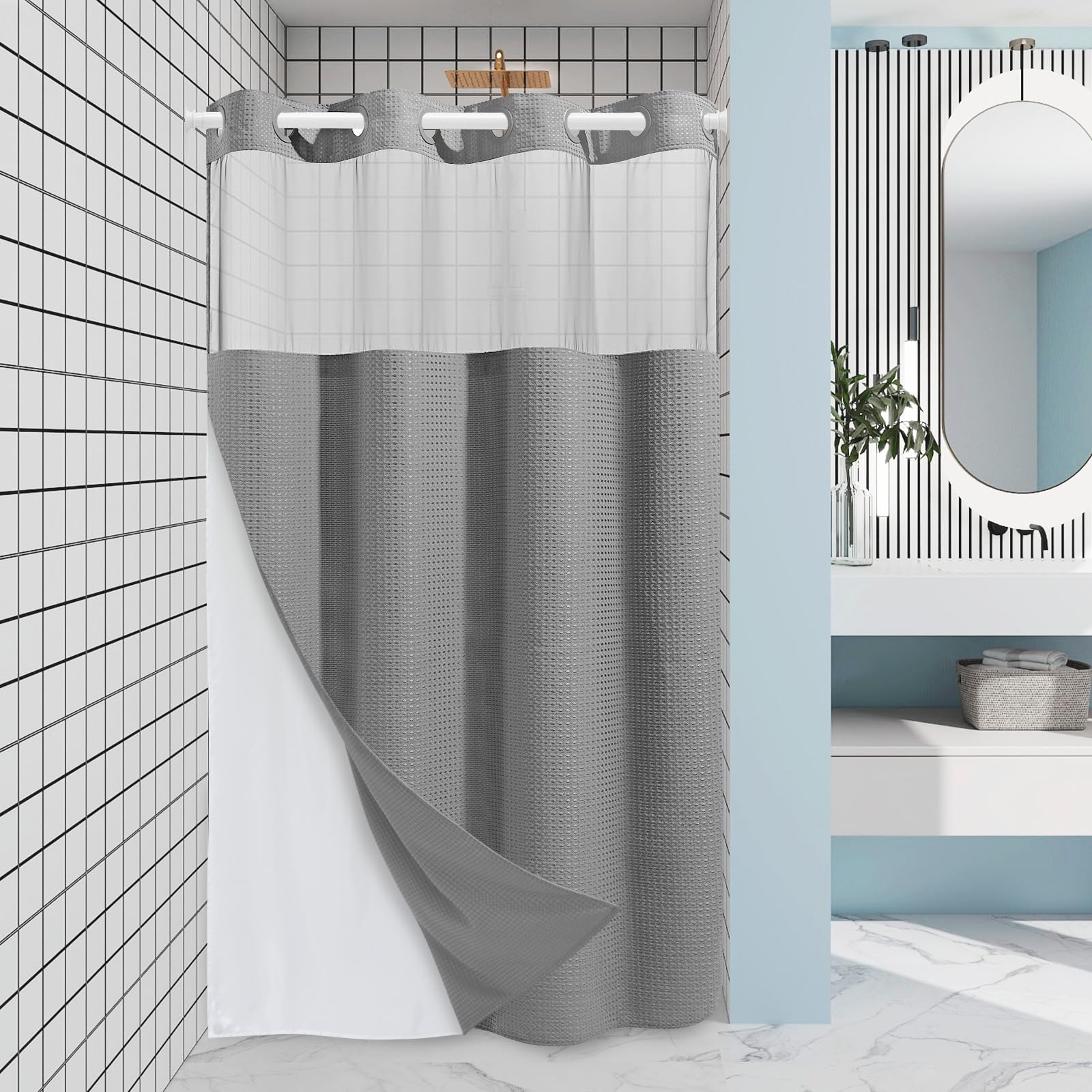 EUTXL Grey Stall Shower Curtain and Liner Set - 230GSM Waffle Weave Textured Heavy Duty,Hotel Luxury Weighted Bath Curtain,54W x 80H