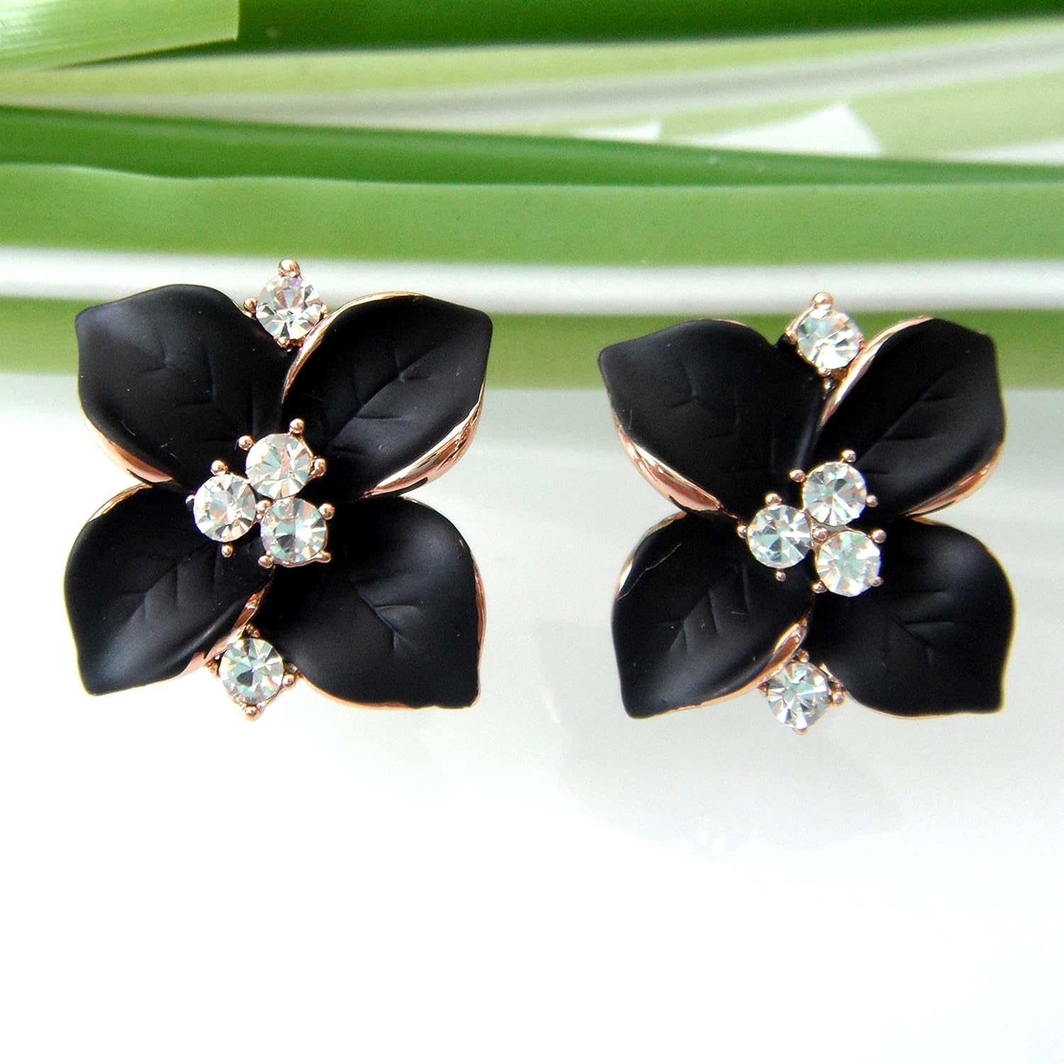 Navachi 18k Gold Plated Crystal Colorful Enamel Leaves Flower Omega Back Earrings - Image 4