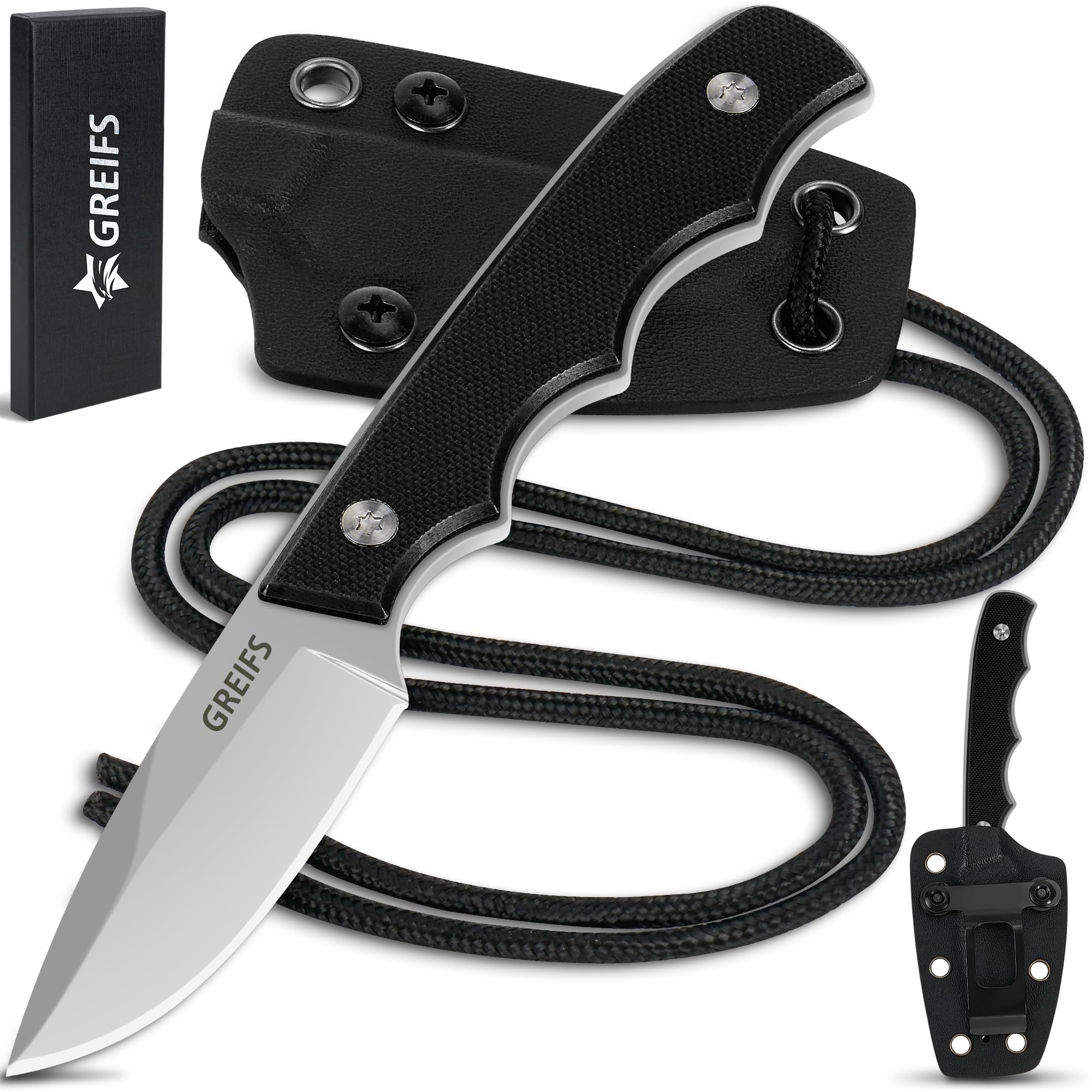 GREIFS® Neck Knife Messer NEXUS mit Kydex Scheide, Clip+Paracord zum Umhängen oder Einstecken, Tactical Survival EDC Outdoor Messer versteckt Tragen - Legal in Deutschland - 42a konform (Silver-Black)