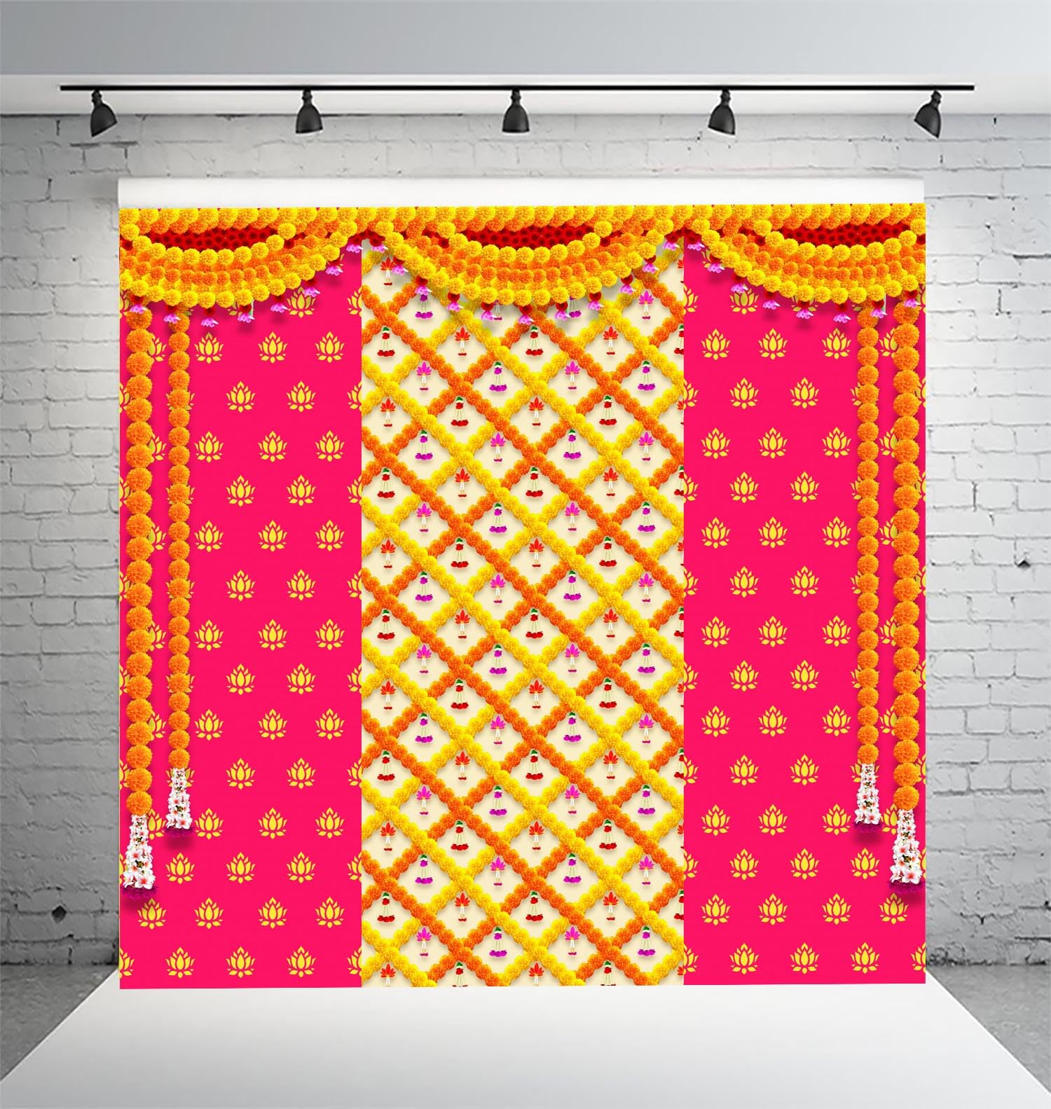 Dhara Pink Lotus (8FT-8FT) Backdrop Cloth for Pooja Functions, Traditional Background Curtain Cloth for Festival -Washable Fabric