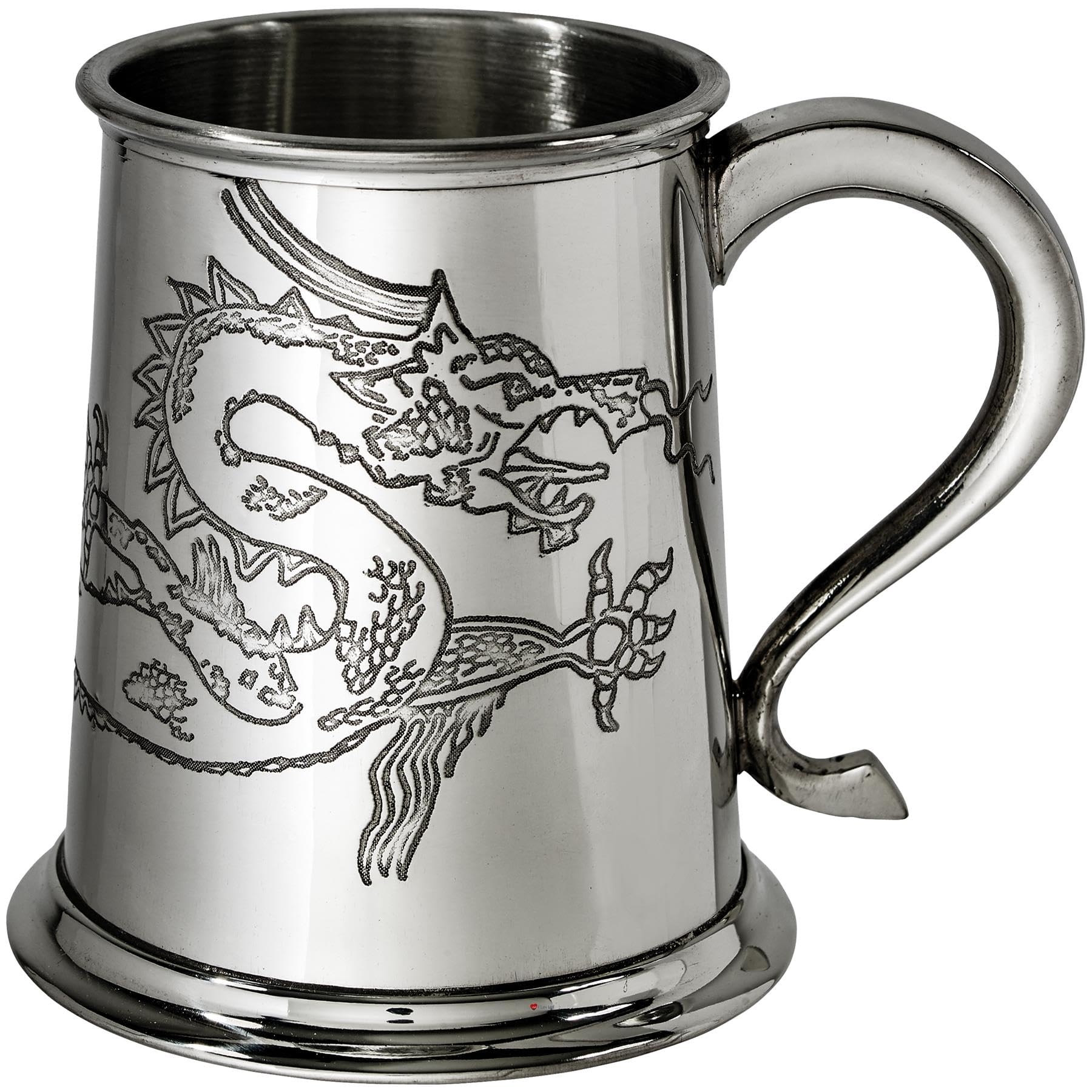 Jarra de peltre puro de 1 pinta con mango de cisne y relieve de dragón