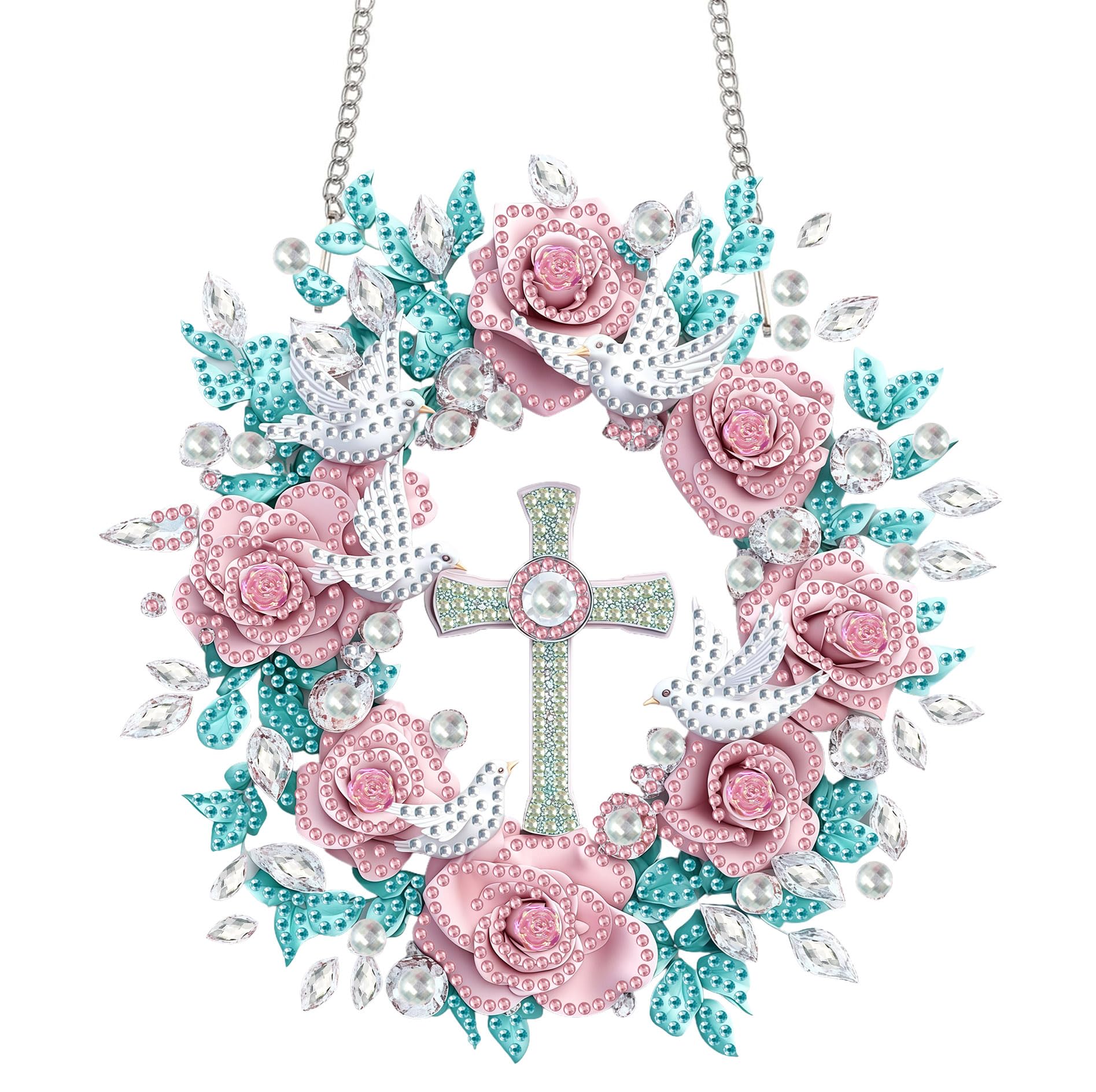 Bimkole Pink Roses Hanging Diamond Art Kits for Adult, DIY 5D Diamond Painting Cross Window Pendant, Acrylic Crystal Art Hanging Ornament Home Wall Garden Front Door Sign Outdoor Decor 20x20 cm
