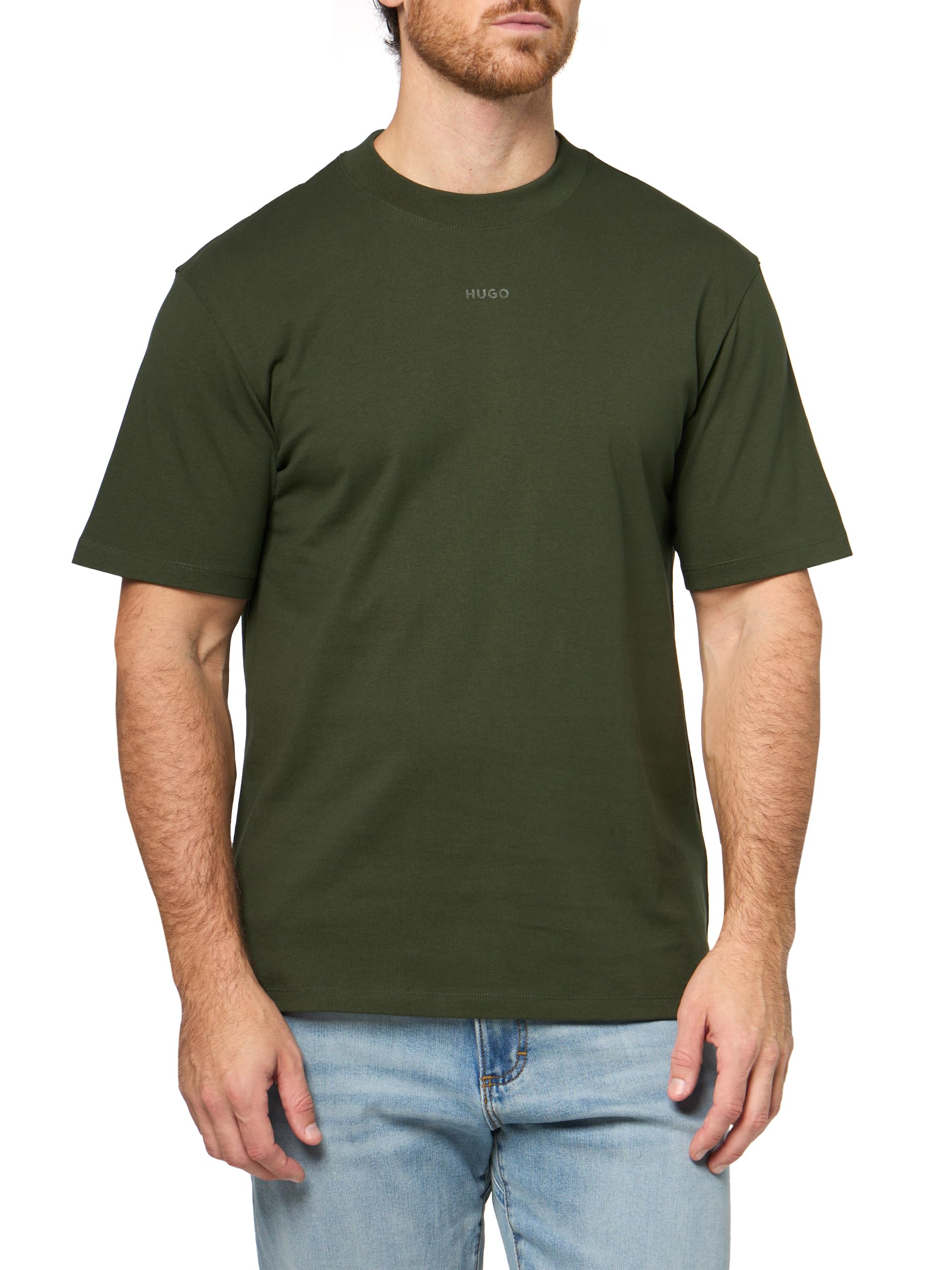 HUGO Herren-T-Shirt mit kleinem Logo in der Mitte, Jersey, kurzärmelig, Jäger-Grün, Mittel