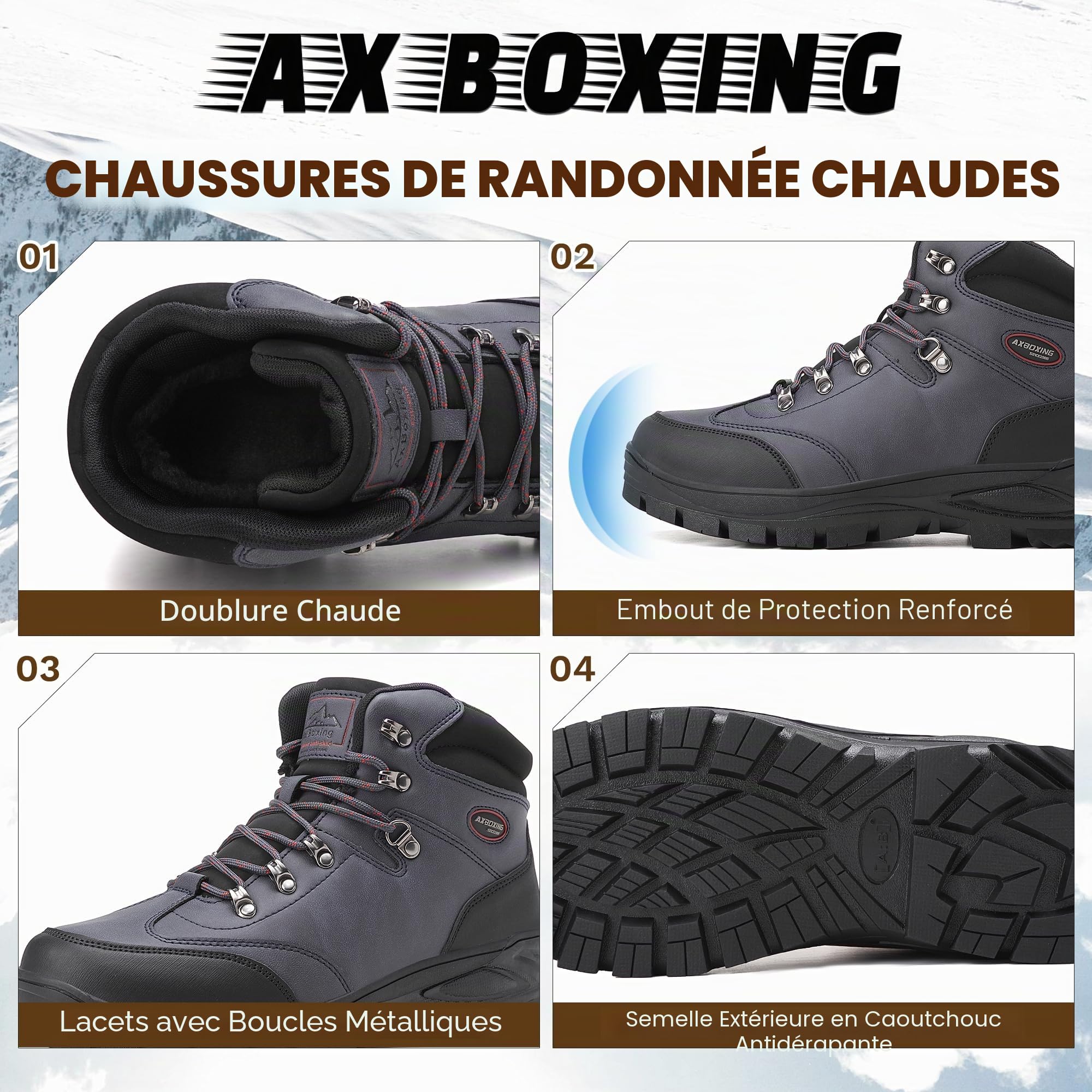 AX BOXING Chaussures Homme Hiver Chaussure Randonnée Fourrure Chaud Bottine Antidérapantes Bottes de Neige Outdoor Marche Trekking Taille 41-46 EU