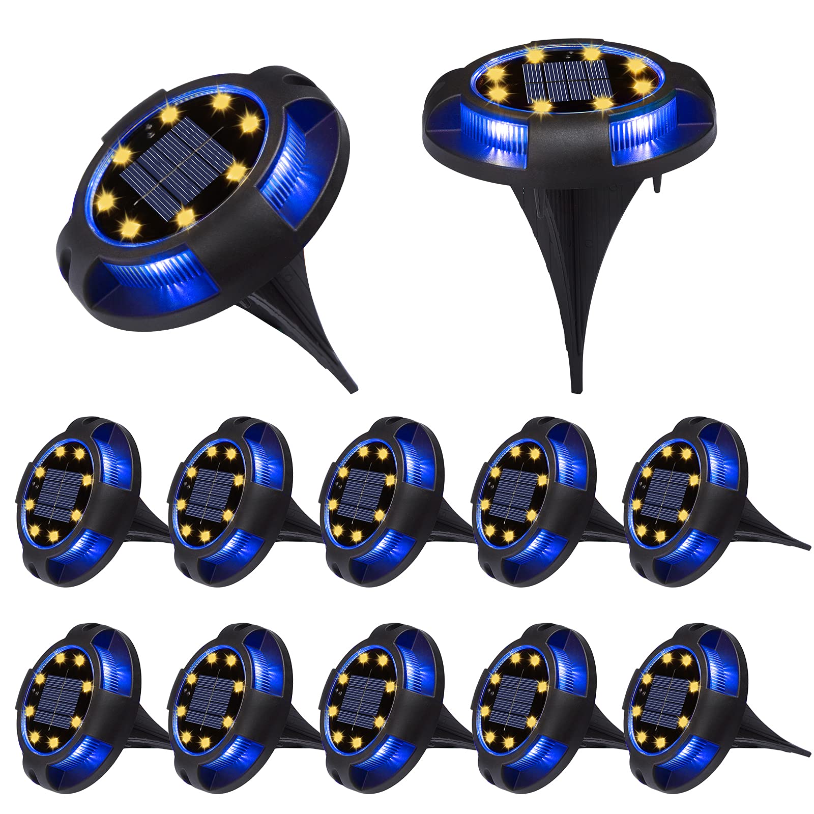K.E.J. Solar Ground Lights 12 Pcs Disk Lights Outdoor - Waterproof In-Ground Lights,Solar Landscape Lighting as Halloween Decorations Outdoor for Garden Pathway Yard Deck Walkway Driveway