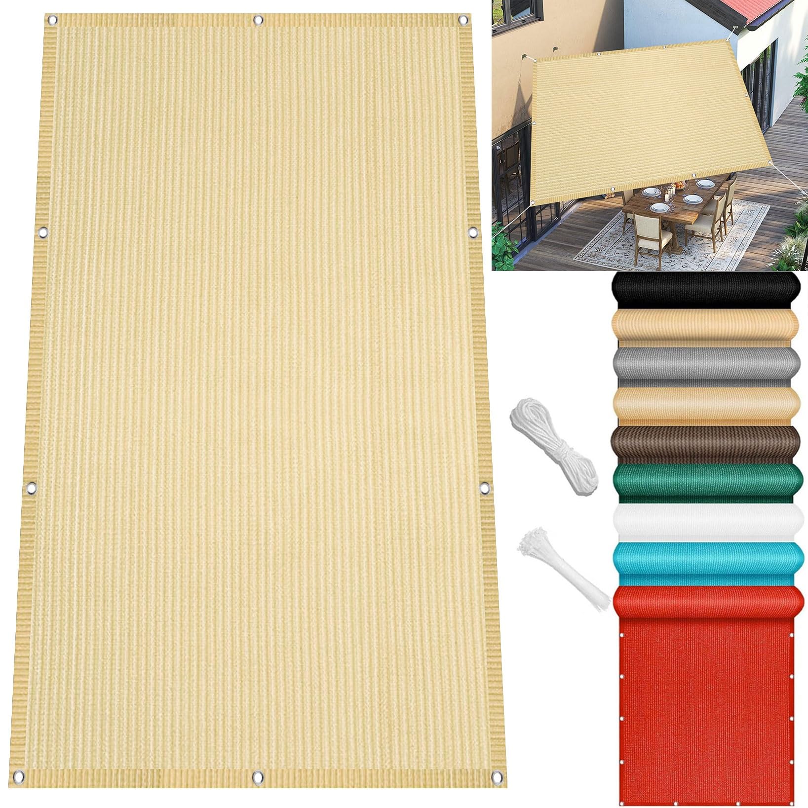KLGFBDC HDPE Sun Sail Canopy 180x600cm UV Resistant Waterproof Awning for Camping Swimming Pools Kennels Sun & Wind Protection in Cream Color