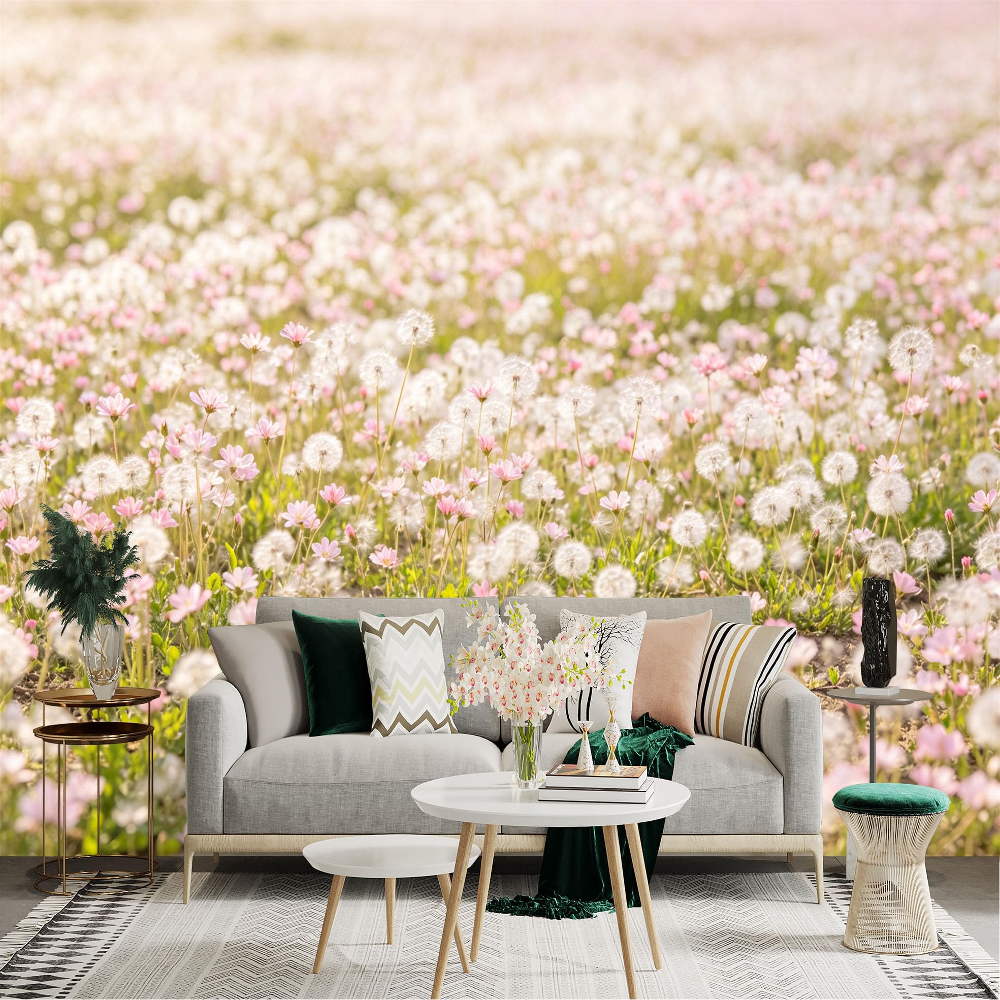 Lnzczhyre Dbh260521571 Custom Size Wall Sticker Mural， Fluffy Dandelion Field With Soft Pink Flowers， Sunny Meadow Scene， For Wall Decoration， Peelandstick Wall Decals.
