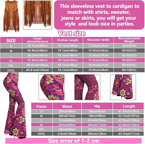 Miniatura 3 de Haull Conjunto de 7 piezas de disfraz hippie de discoteca de los años 60 y 70 para mujer, conjunto de disfraz de Halloween, pantalones bohemios,