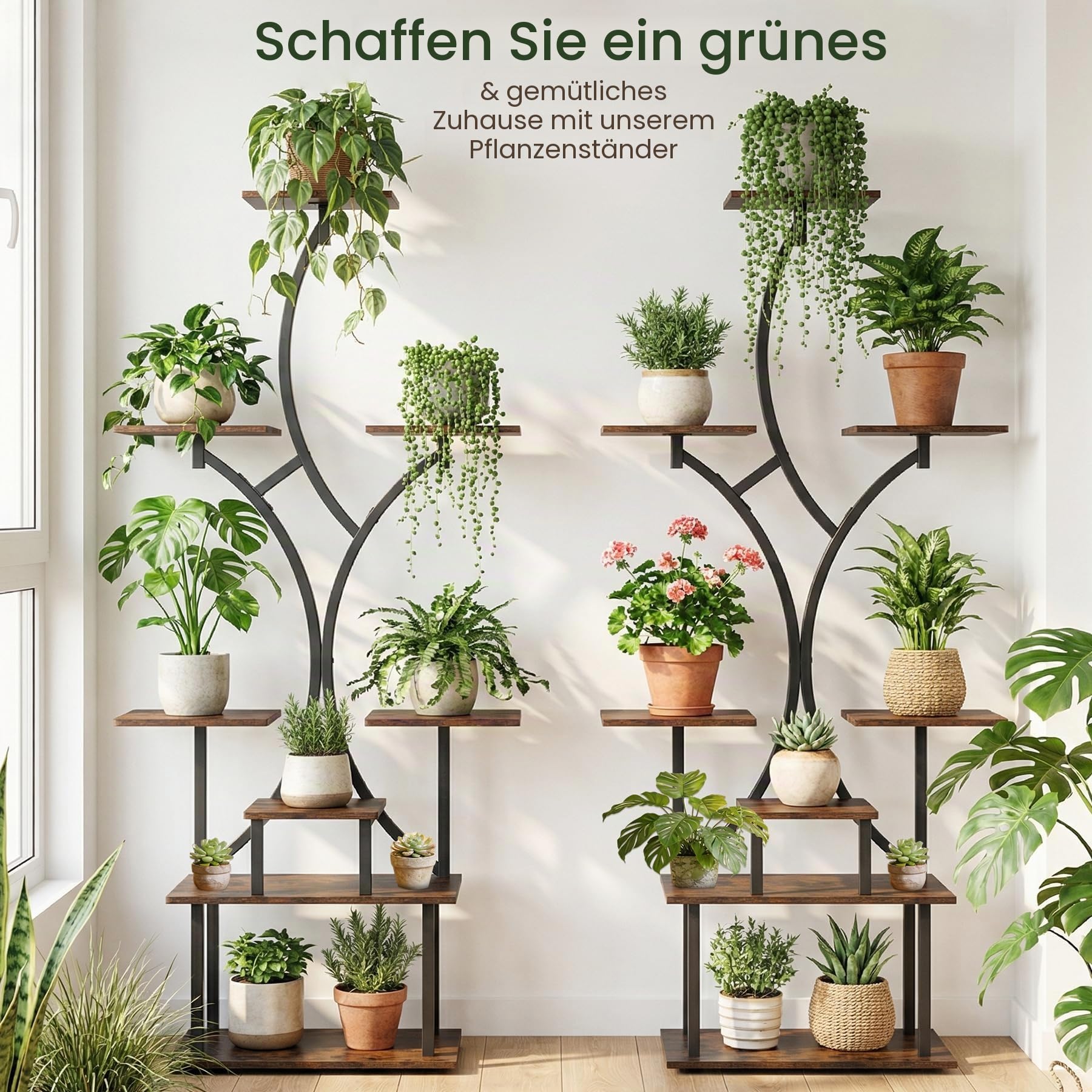 VAYALT Pflanzenständer, 162cm Hoch mit 8 Ebenen Blumenregal aus Holz & Metall, Pflanzenständer Mehrere, Indoor & Outdoor Pflanzenregal, Dekoratives Pflanzenregal für Balkon, Garten und Wohnzimmer