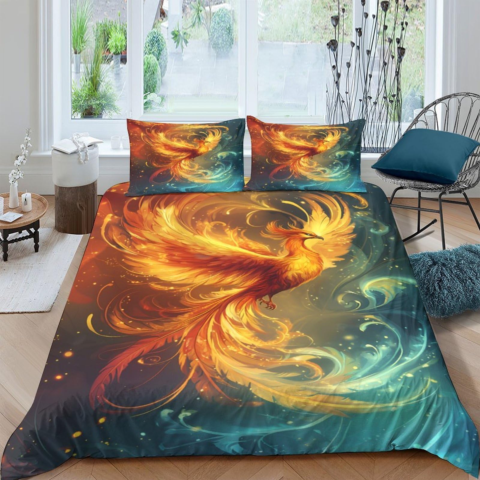 Ctjqhvkz Style-3 3D Printed Phoenix Flame Fitted Sheet Microfiber Soft Breathable Blue Orange Fire Bird Bed Sheet For Bedroom Dorm Decor Single（135X200cm）