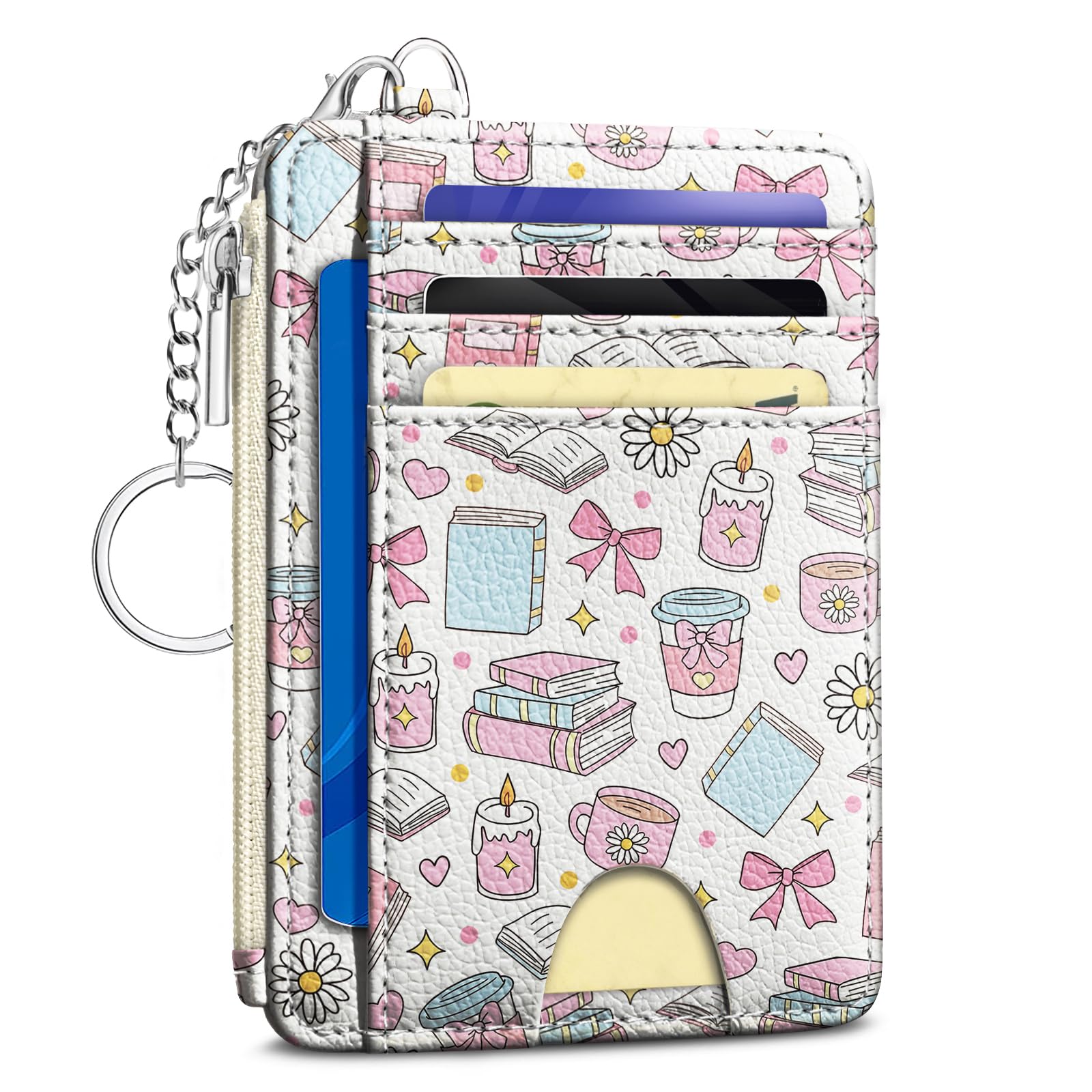 Kelvoris Cute Book Coffee Bow Credit Card Holder Small Wallet Women, Slim RFID Blocking Wallet Woman Keychain with Zipper Coin Pocket, Front Pocket