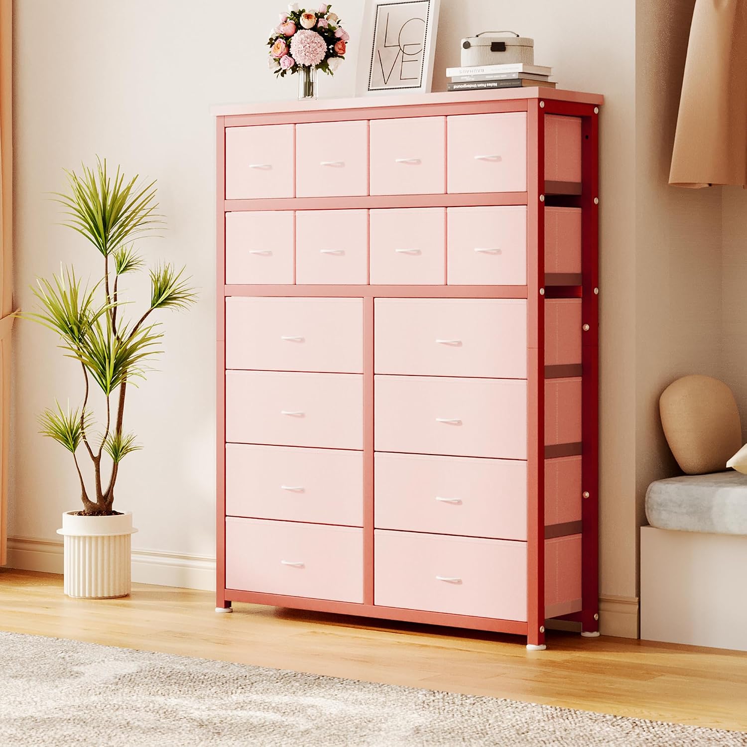 GarveeHome Tall Chest of Drawers with 16 Fabric Drawers, Generous Wardrobe with Metal Frame, for Bedroom and Living Room, 103 x 30 x 130 cm