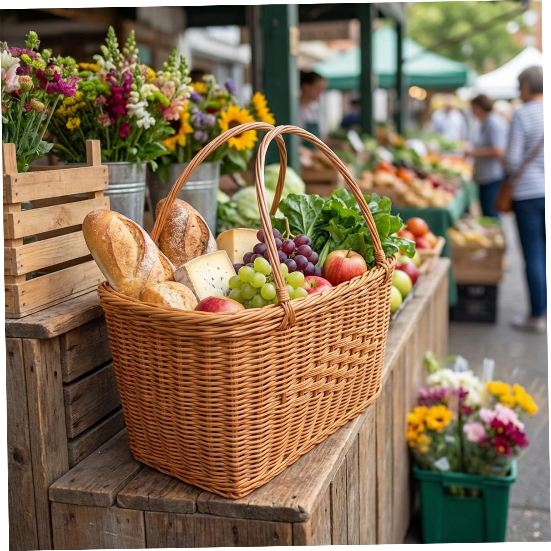 Cestino da picnic in vimini, cestino in vimini con manico per mercato e picnic, borsa per la spesa decorativa intrecciata plastica riutilizzabile con doppi manici (marrone)