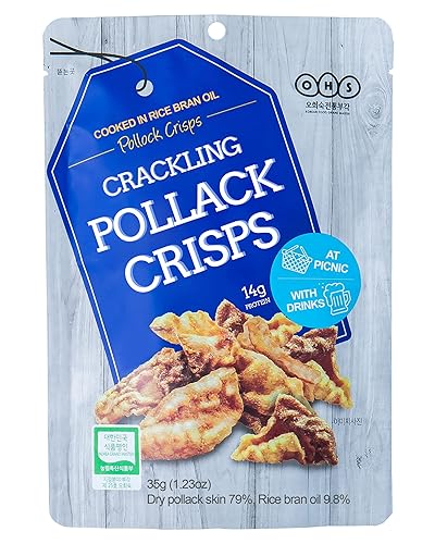 OHS Pollock Crisps (paquete de 8) Snack de pescado, 0.99oz de proteína, chips saludables coreanos tradicionales