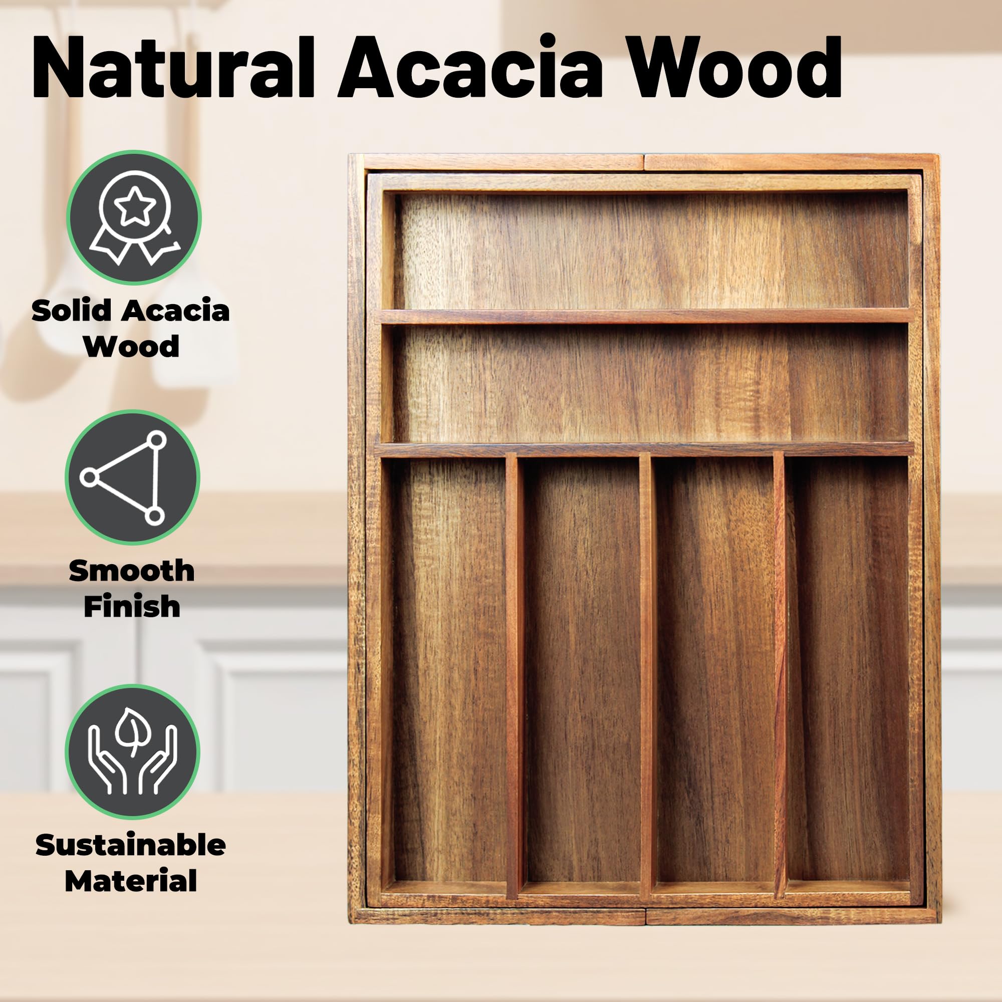 KITEISCAT Organizador de cubiertos expandible de madera de acacia, organizador de cajones de utensilios de cocina para tenedores y cucharas, bandeja de cubiertos de 8 compartimentos, soporte para