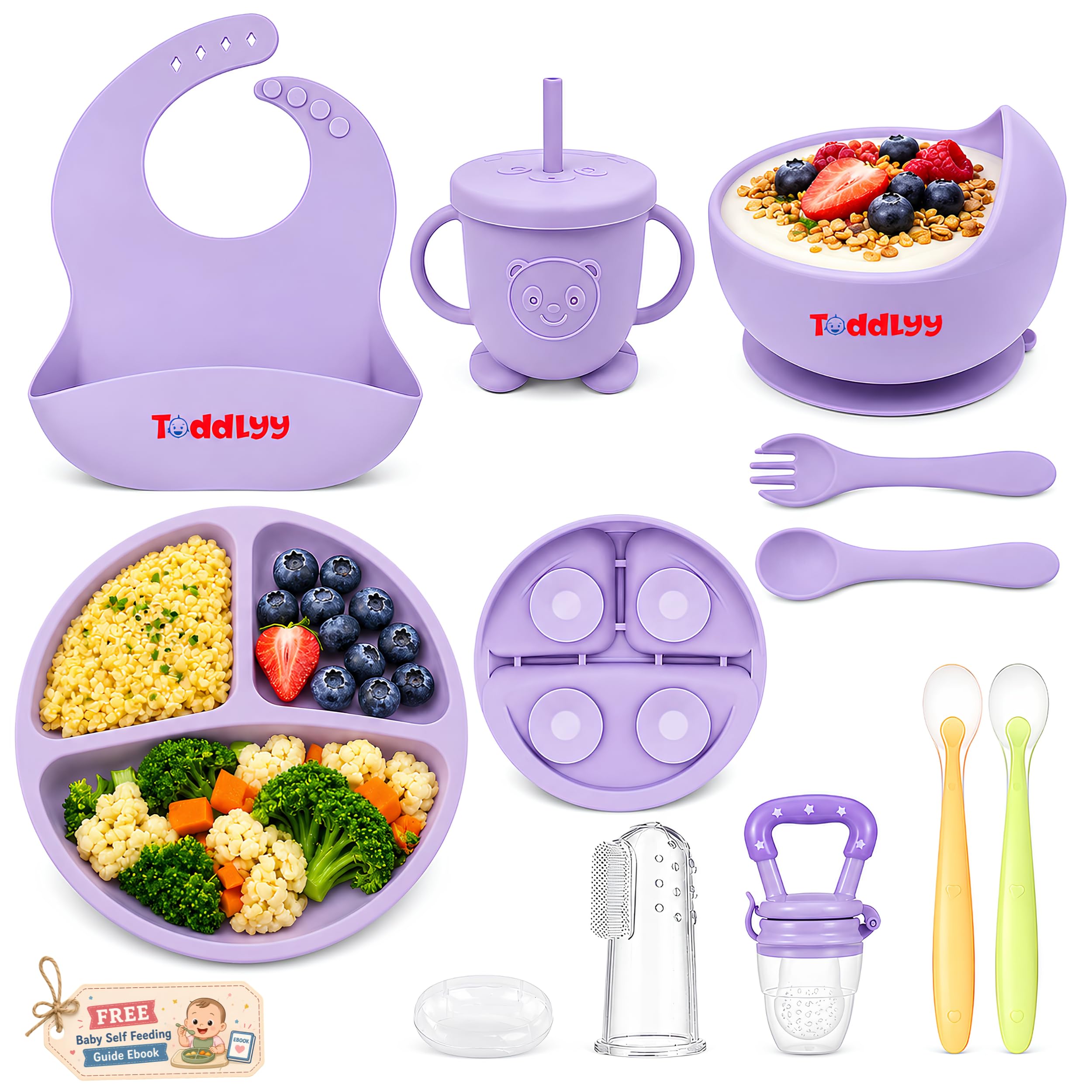 10 Pcs Silicone Baby Feeding Set for Toddlers 6+ Months | Baby Led Weaning Self Feeding Kit | Suction Plate & Bowl, Bib, Cup, Spoon & Fork, Fruit Feeder, Finger Brush | FDA | Free Ebook (Lavender)-image-35