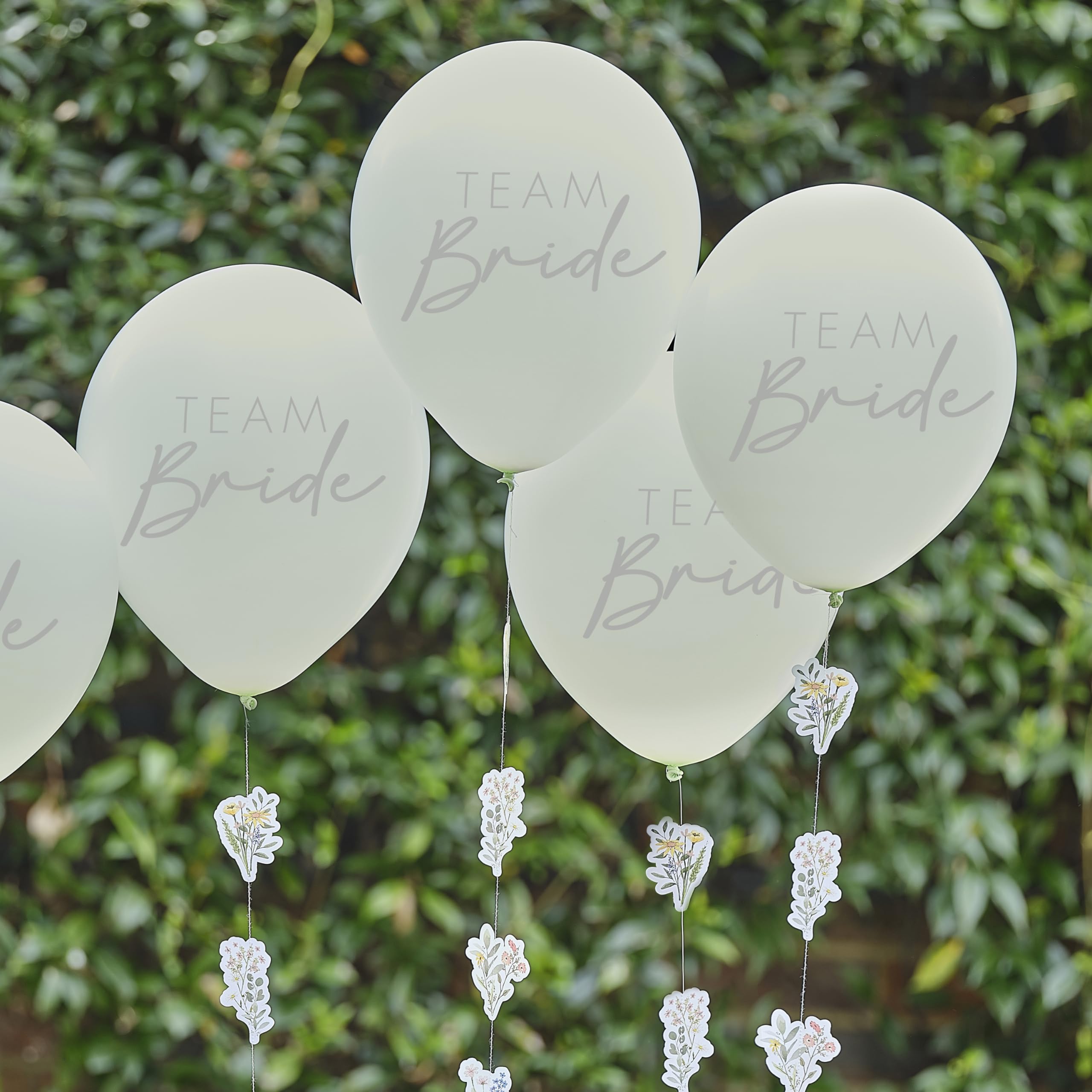 Ginger Ray Team Bride Light Green Latex Balloons with Paper Floral Tails Hen Party Decorations 5 Pack, standard size - Image 2