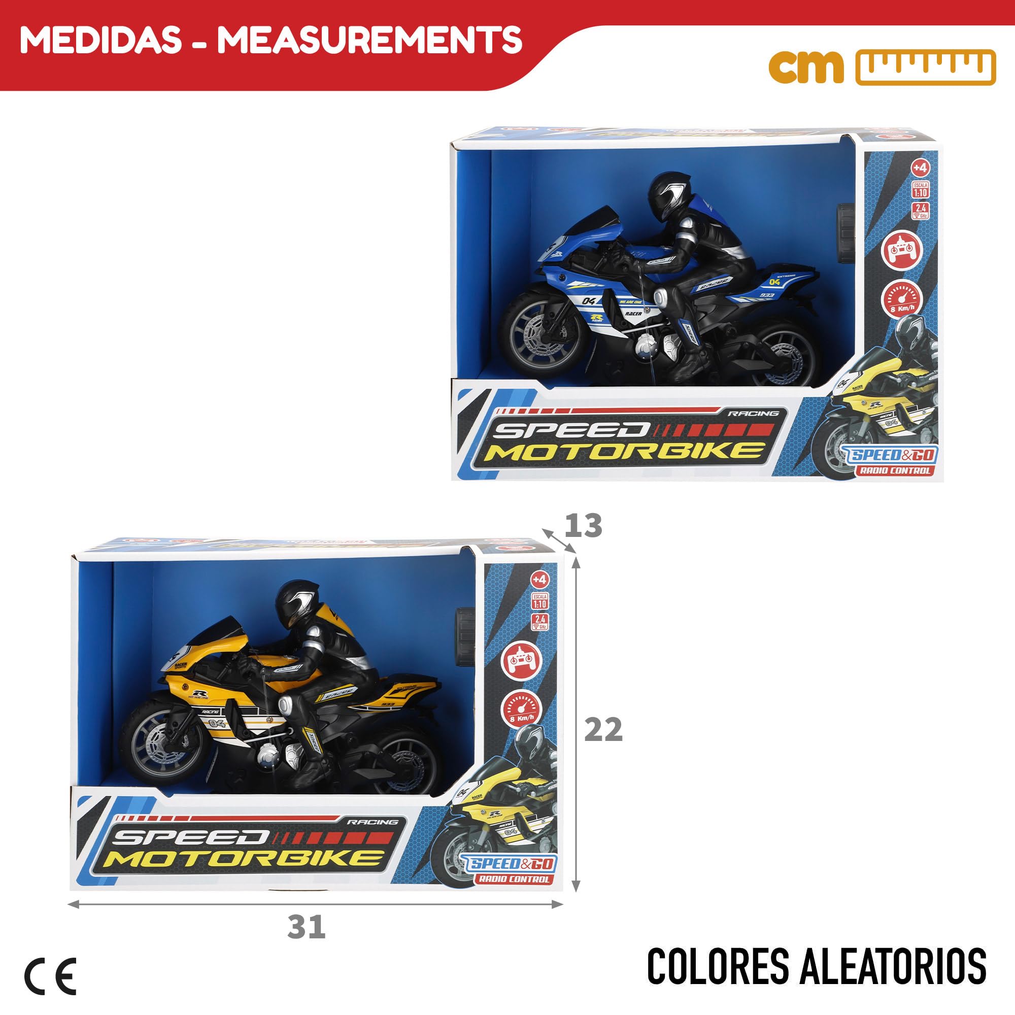 COLORBABY Speed & Go Moto télécommandée, avec Pilote, Jaune ou Bleu, échelle 1:10, Vitesse 8 km/h, fréquence 2,4 GHz, télécommande, Motos radiocommandées, Jouets Enfants 6 Ans (41364)