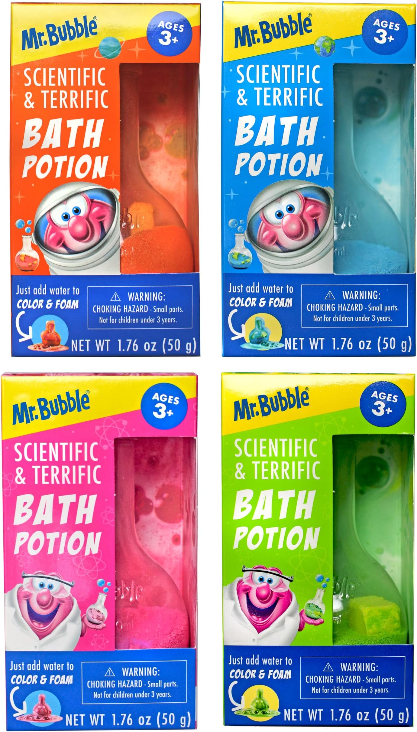 Mr. Bubble Kids Original Bath Bomb Potions - Colorful Fizzy Fun - Cool Foam and Bubble Science Beaker Bath Toys (Pack of 4)