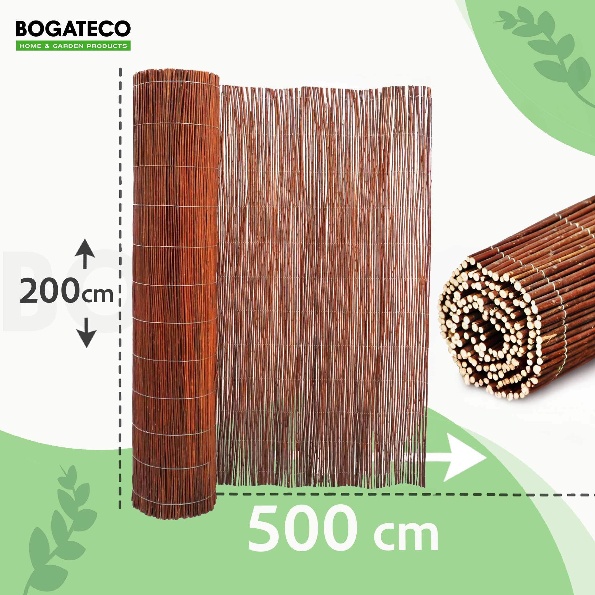 BOGATECO Valla de madera para jardín, 200 cm de alto y 500 cm de largo, perfecta para el jardín, balcón y terraza, valla de protección visual natural