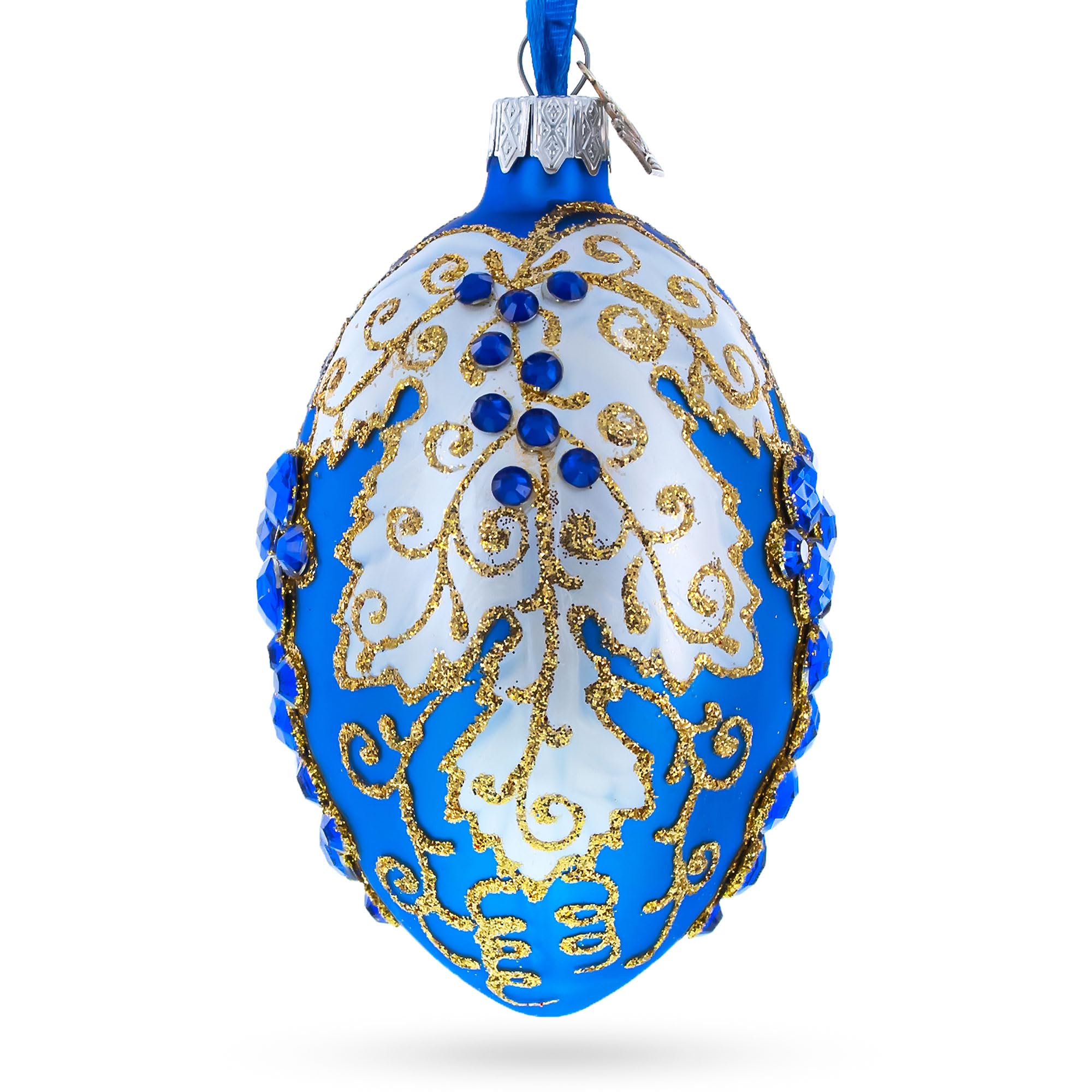 Oeuf decoratif en verre BestPysanky blanc et bleu, une oeuvre d'art de qualite superieure