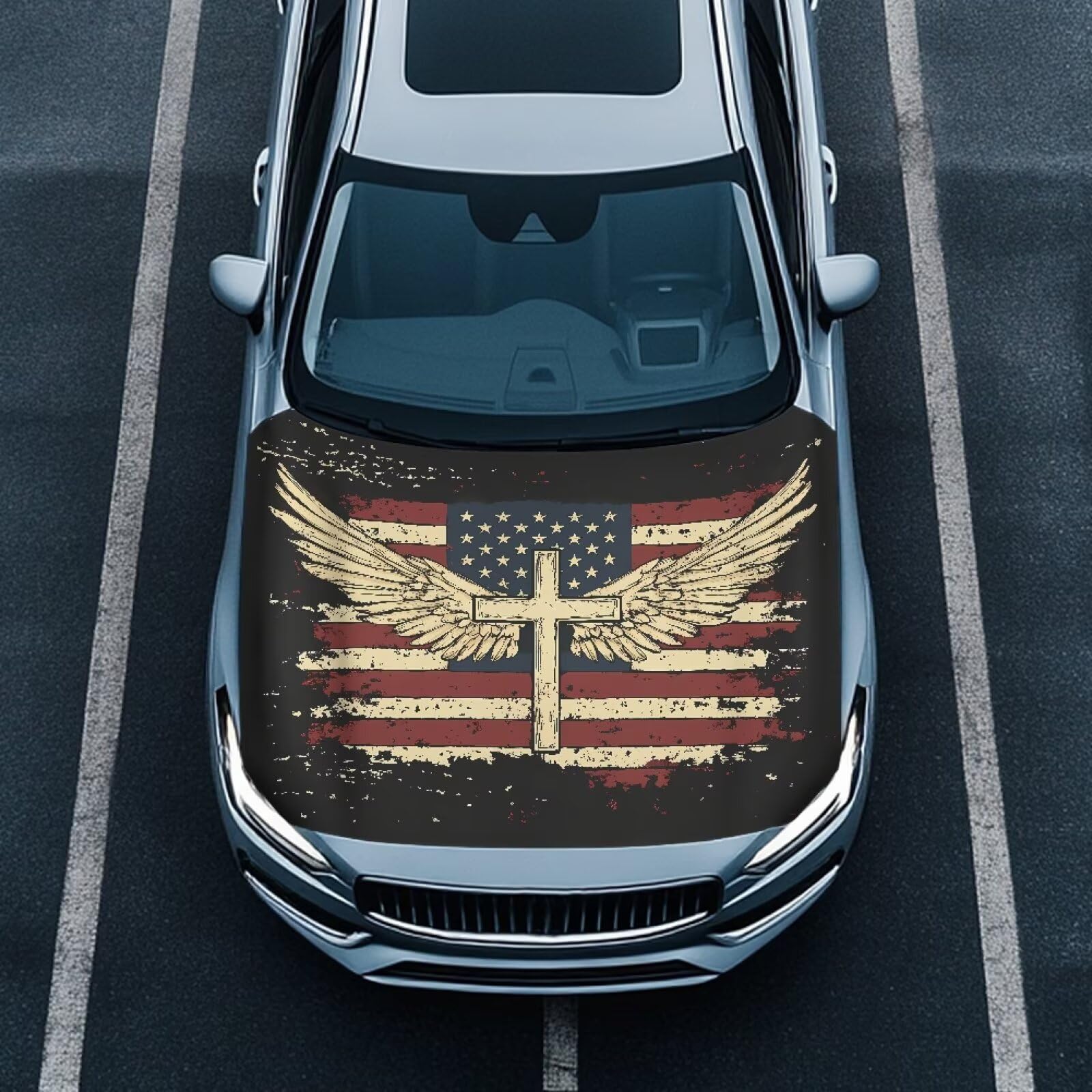 Whosucclay American Flag Cross Hood Covers for Cars an All-Weather Waterproof Car Cover with a Windshield Snow Cover