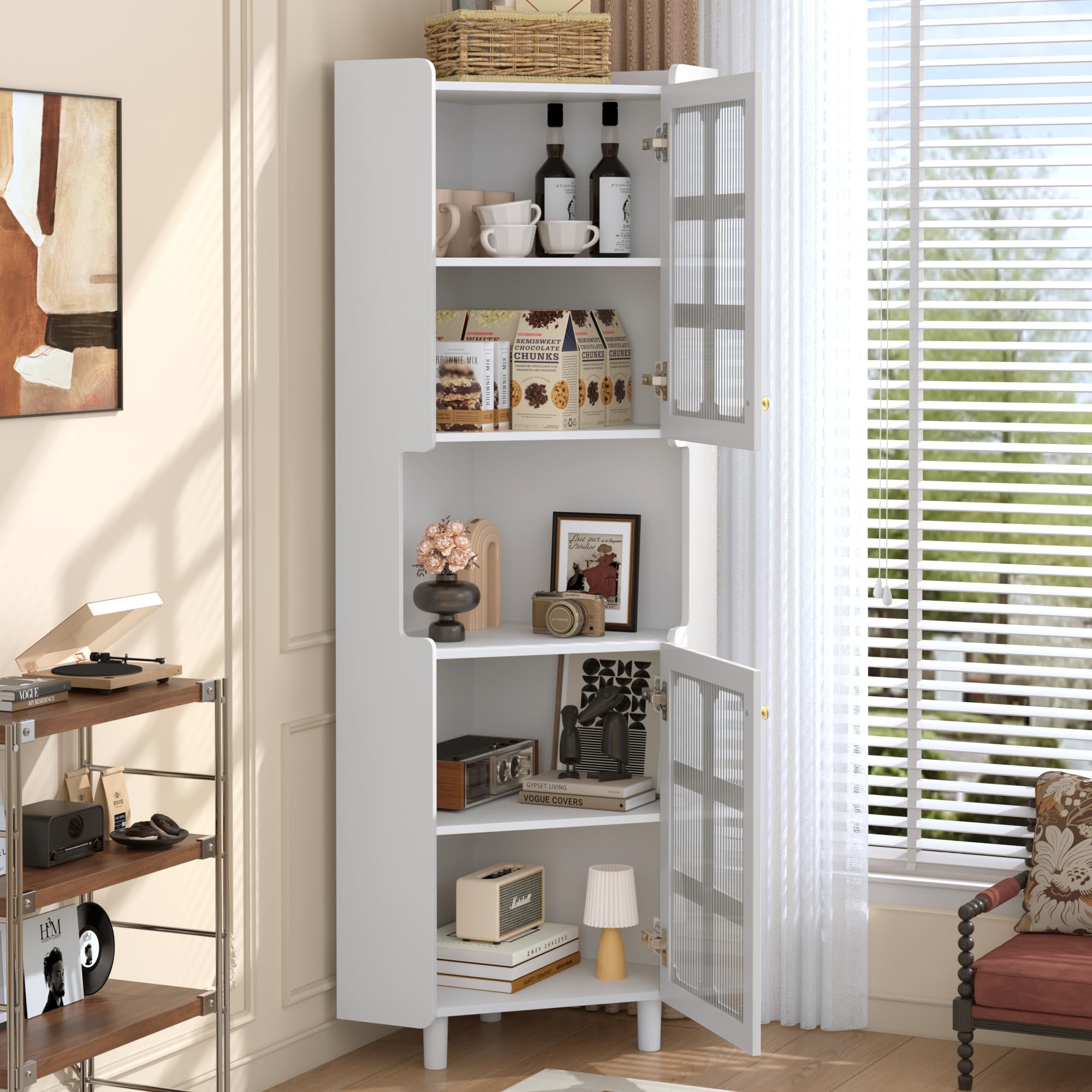 BTM Weißer Eck-Schrank mit Lackschicht & LED-Beleuchtung – Multifunktionale Ecken-Kommode für Wohnzimmer, Bücherregal, Badezimmer, Schlafzimmer, Esszimmer, MDF-Platte weißer Lackoberfläche