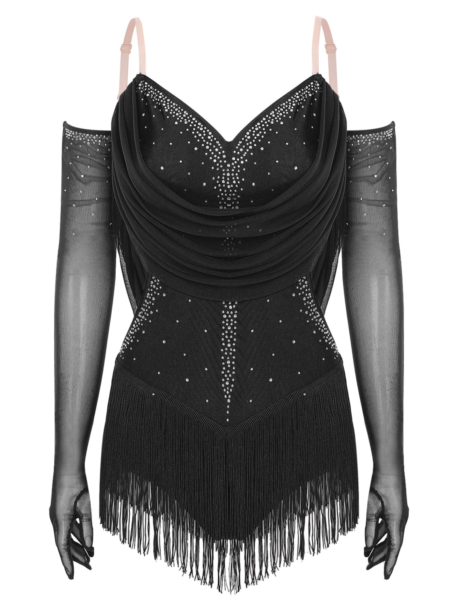 Body da donna Pattinaggio Artistico Stringato Strass con Guanti Vestito Vestito Danza Latina Costume Ginnastica Leotard Body
