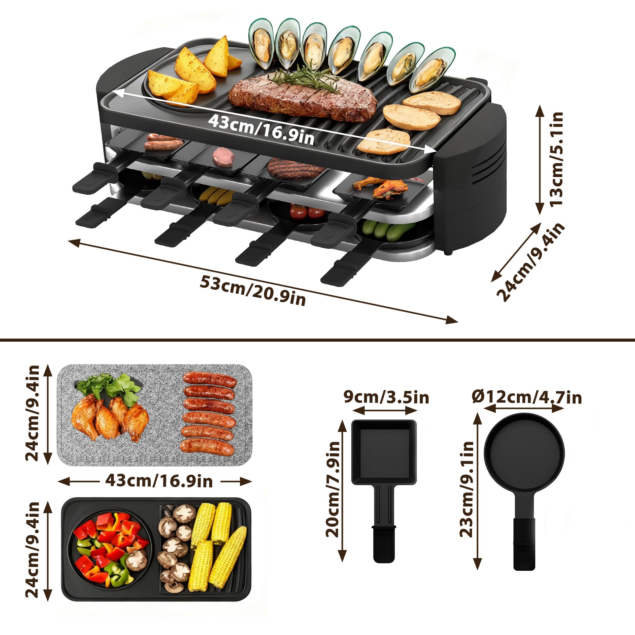 FIVMEN Raclette 8-osobowy grill do raclette, 1600 W, z 14 patelniami, płytą granitową i płytą nieprzywierającą, grill stołowy, grill imprezowy, grill elektryczny, regulacja temperatury do grillowania