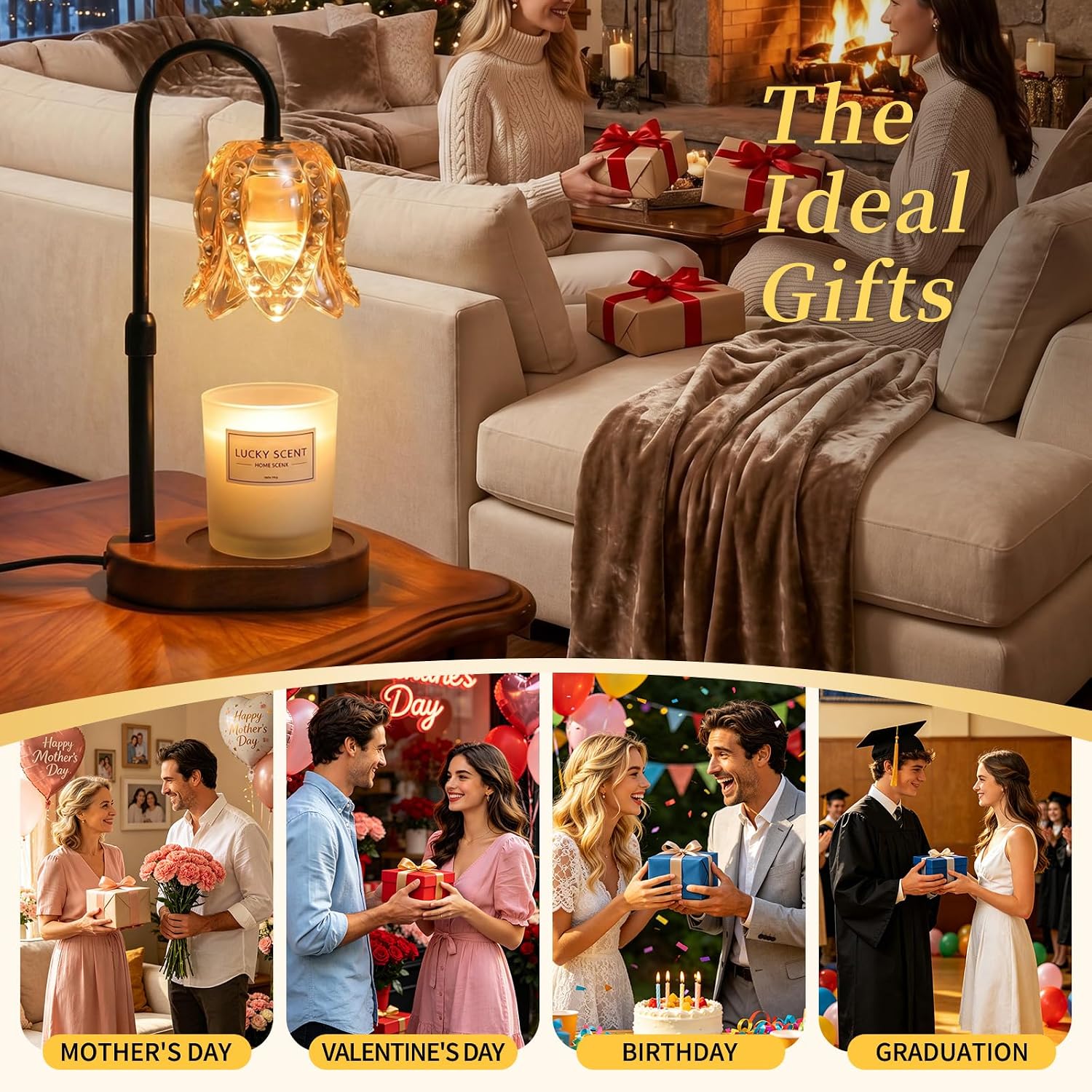 Candle Warmer Lamp with Timer, Dimmable, Height-Adjustable | 2/4/8H auto shutoff, stepless dimming, fits candles 1.5-5.5 in tall, includes two 50W bulbs, helps wax melt evenly