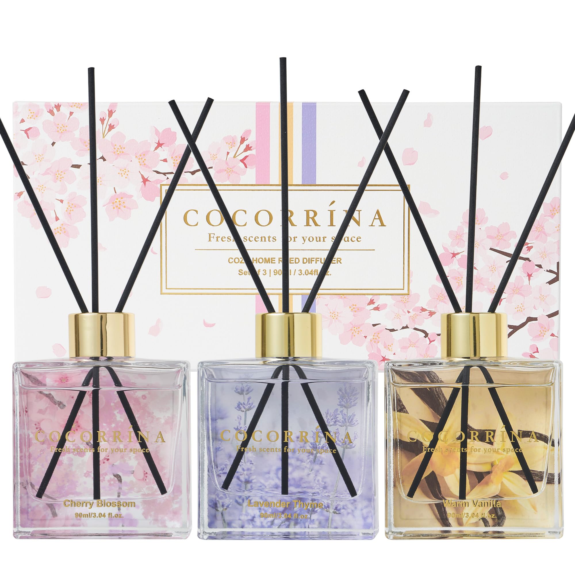 COCORRÍNA Schilfrohr-Diffusor-Set, 3 Stück, 3 Stück / 3,04 Fl.oz Diffusor mit 24 Stäbchen, warme Vanille/Kirschblüte/Lavendel Thymian Schilfrohr-Diffusor für Zuhause, Badezimmer, Büro,