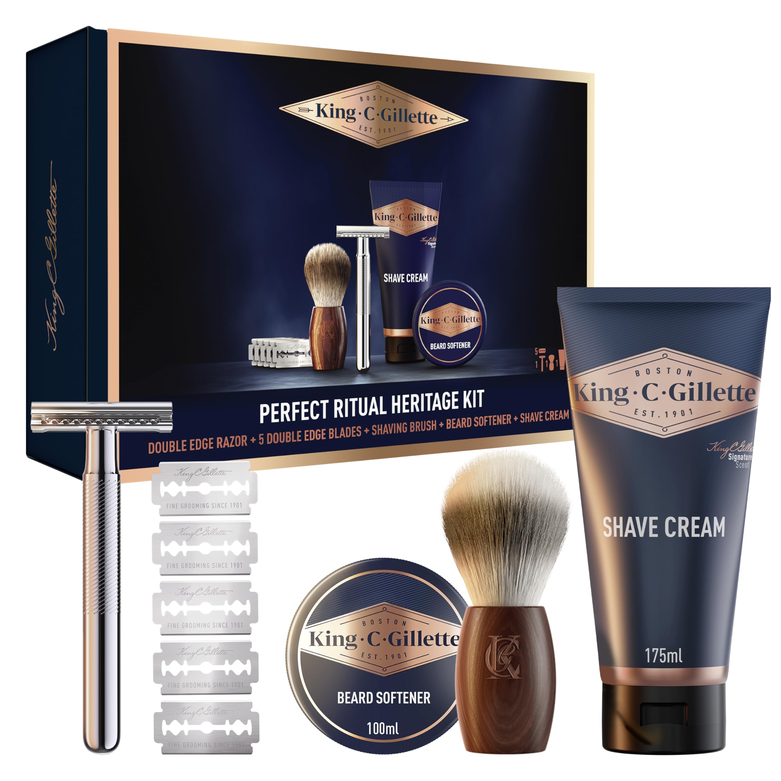 King C. Gillette Men's Optimal Heritage Ritual Kit per Barba Profumata, Cofanetto Regalo Uomo, Rasoio Di Sicurezza Barba Manuale, 5 Lamette King C. Gillette, Pennello Da Barbiere, Crema e Ammorbidente