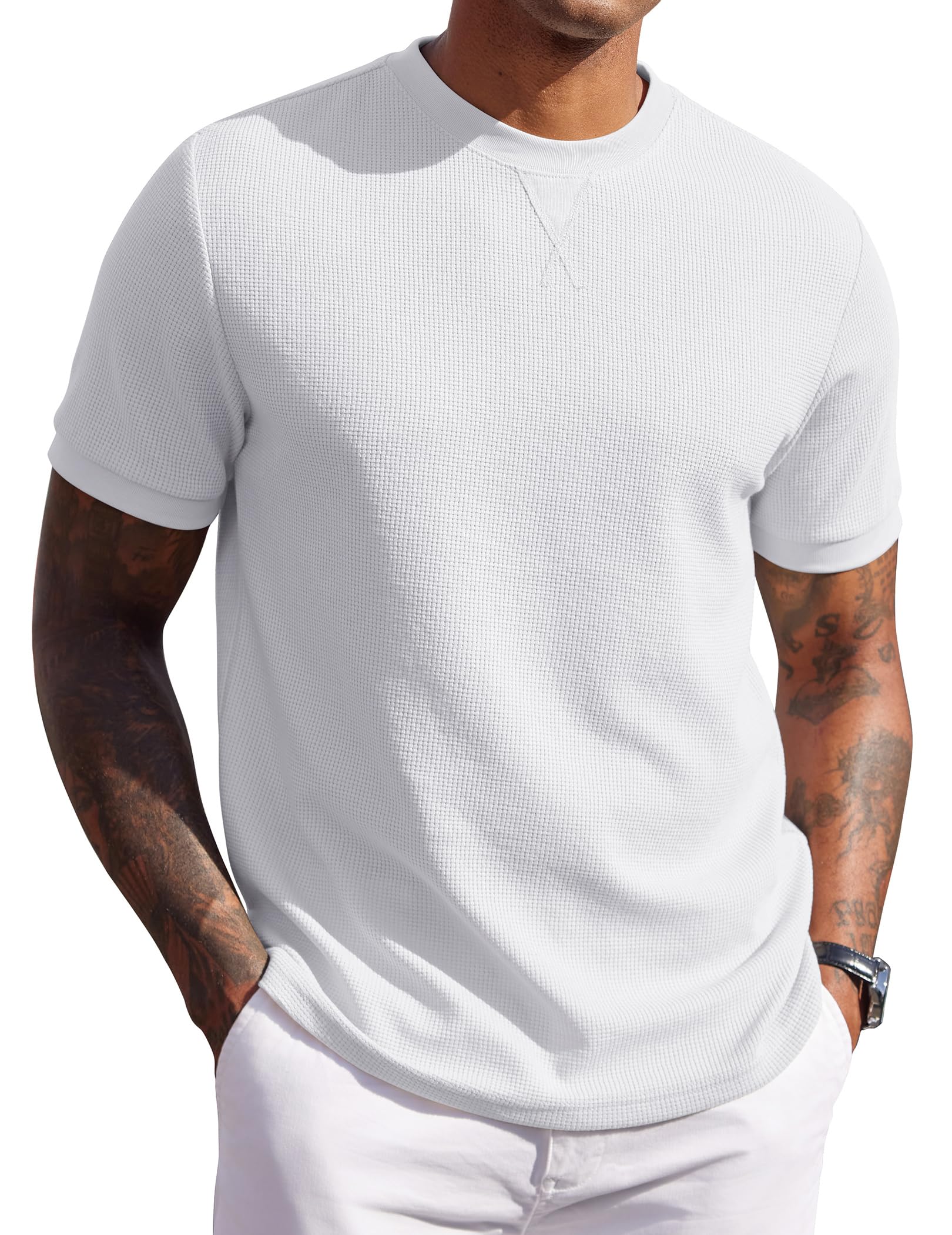 COOFANDY Men's Waffle T-Shirts Short Sleeve Casual Crew Neck Shirt Summer Plain Pullover Tees
