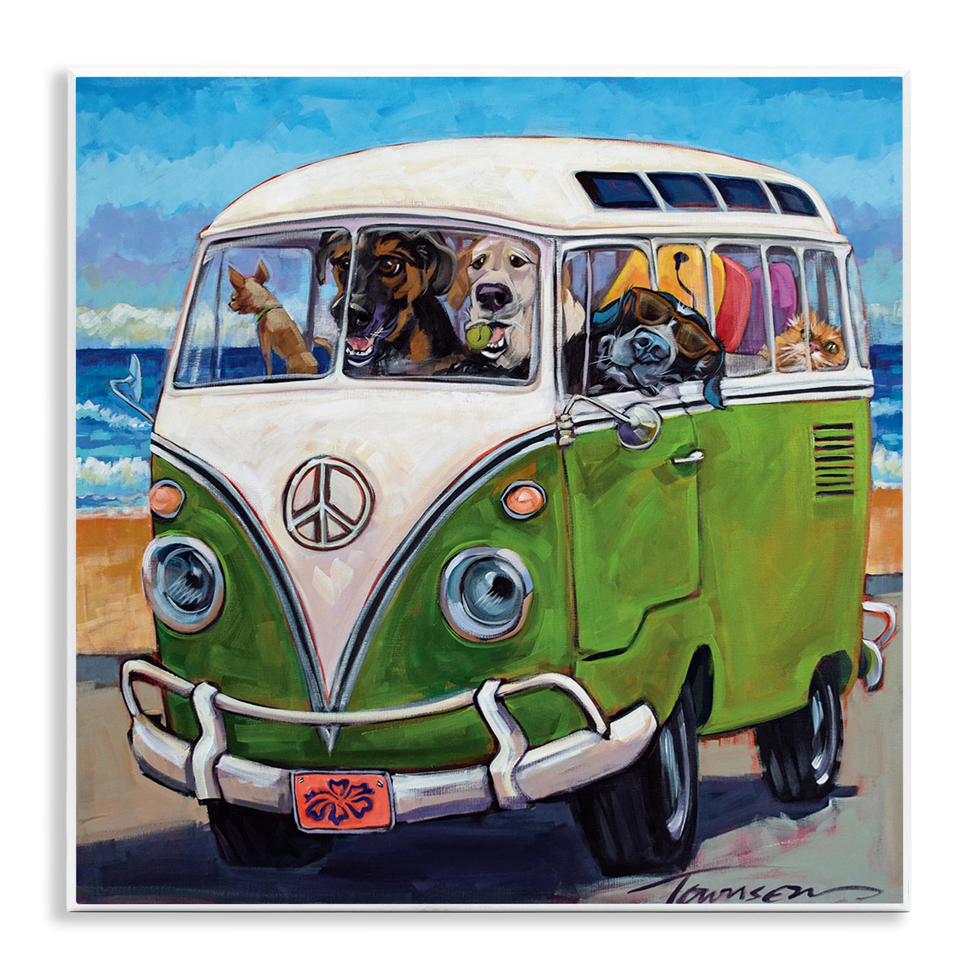 Stupell Industries Köpekler Sürüş Retro Minibüs Yaz Plaj Gezisi, CR Townsend Duvar Plakası, 12 x 12, Çok Renkli