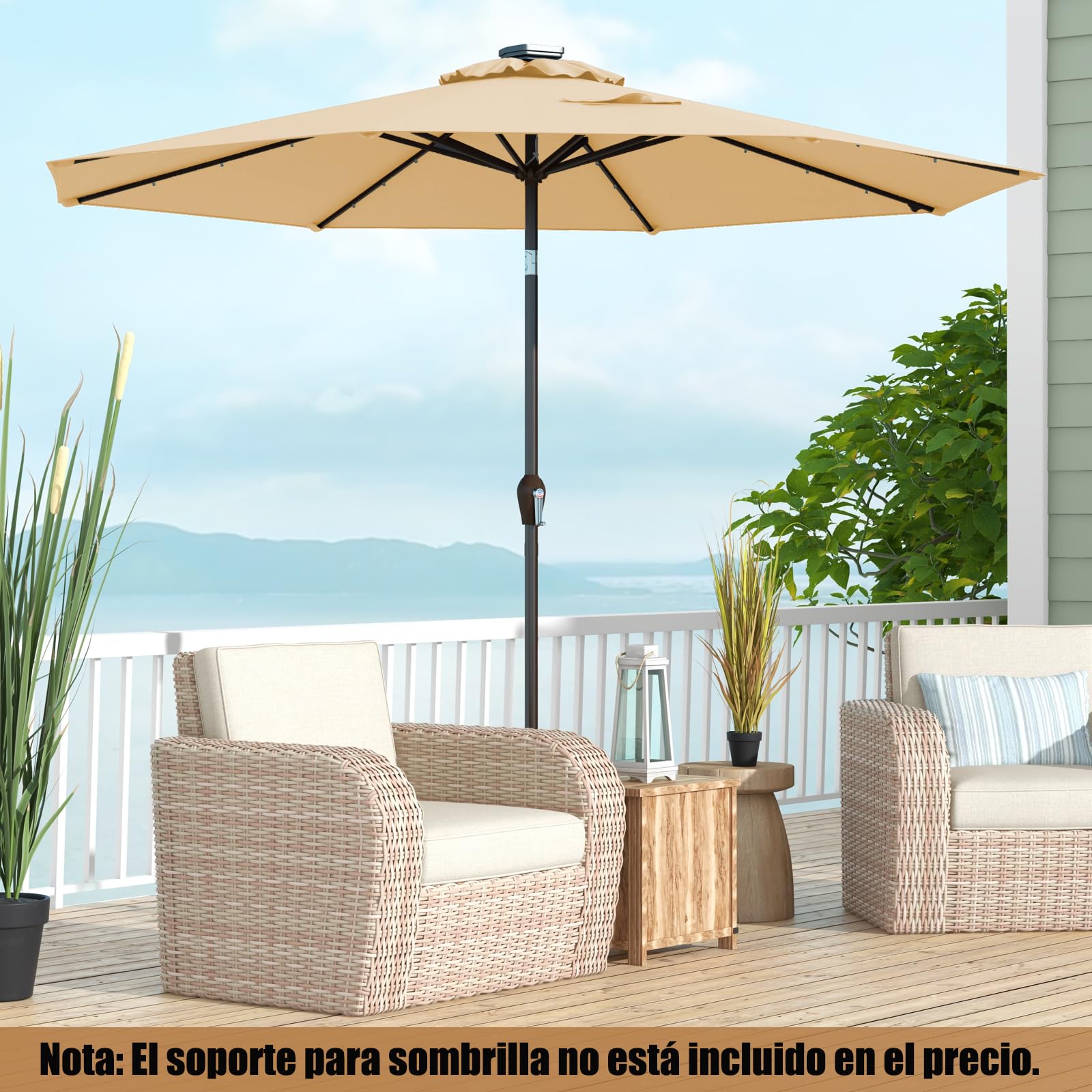 COSTWAY Ø300 cm Sombrilla Terraza Exterior, Parasol Terraza Exterior Plegable con 24 Luces LED Solar, Manivela y 8 Varillas de Metal, Protección UV, Impermeable, para Terraza, Beige