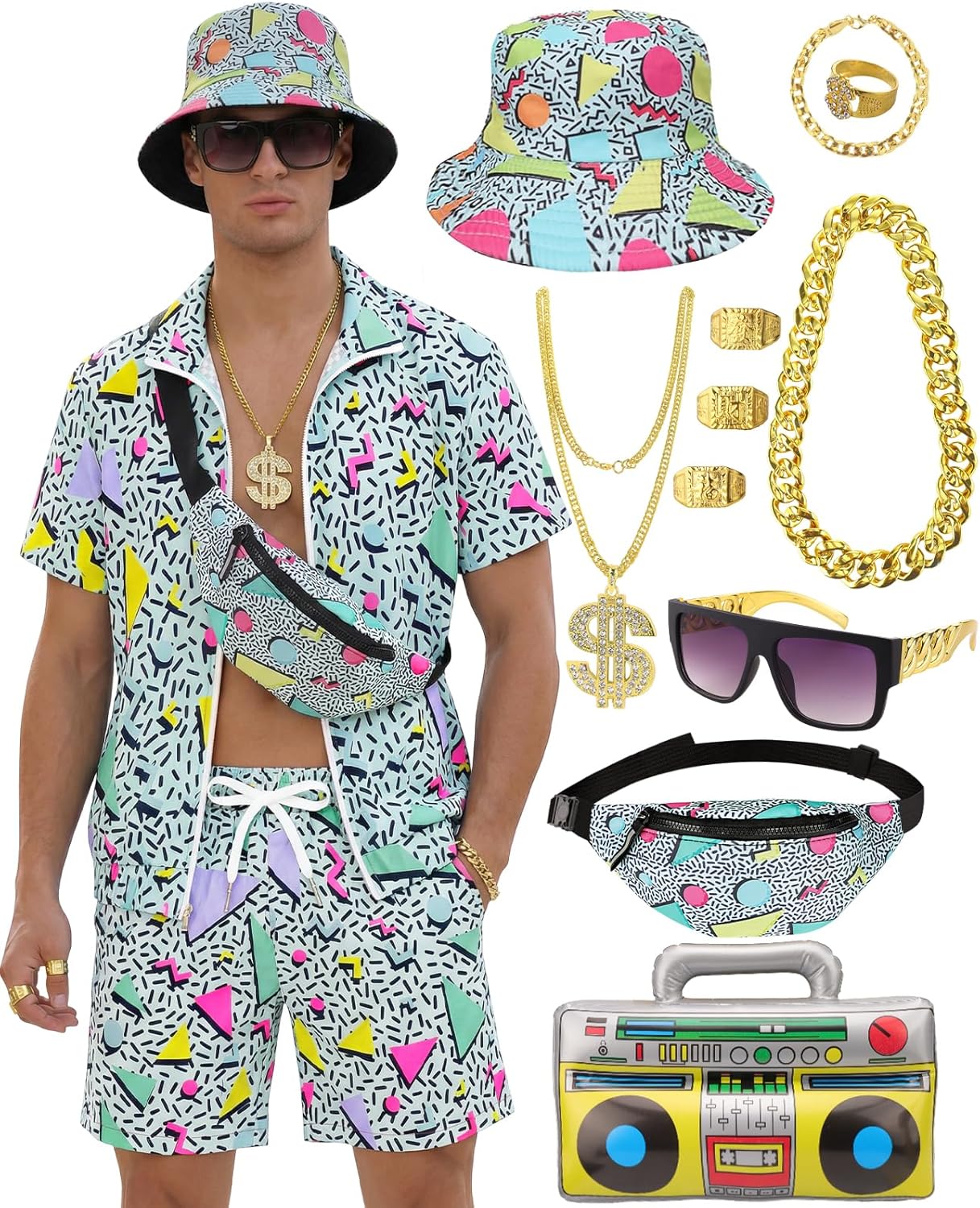 VillbeCoser 80s 90s Outfit for Men, Neon Tracksuit Color Block Windbreaker Set Short Sleeve Jacket Shorts Hip Hop Party