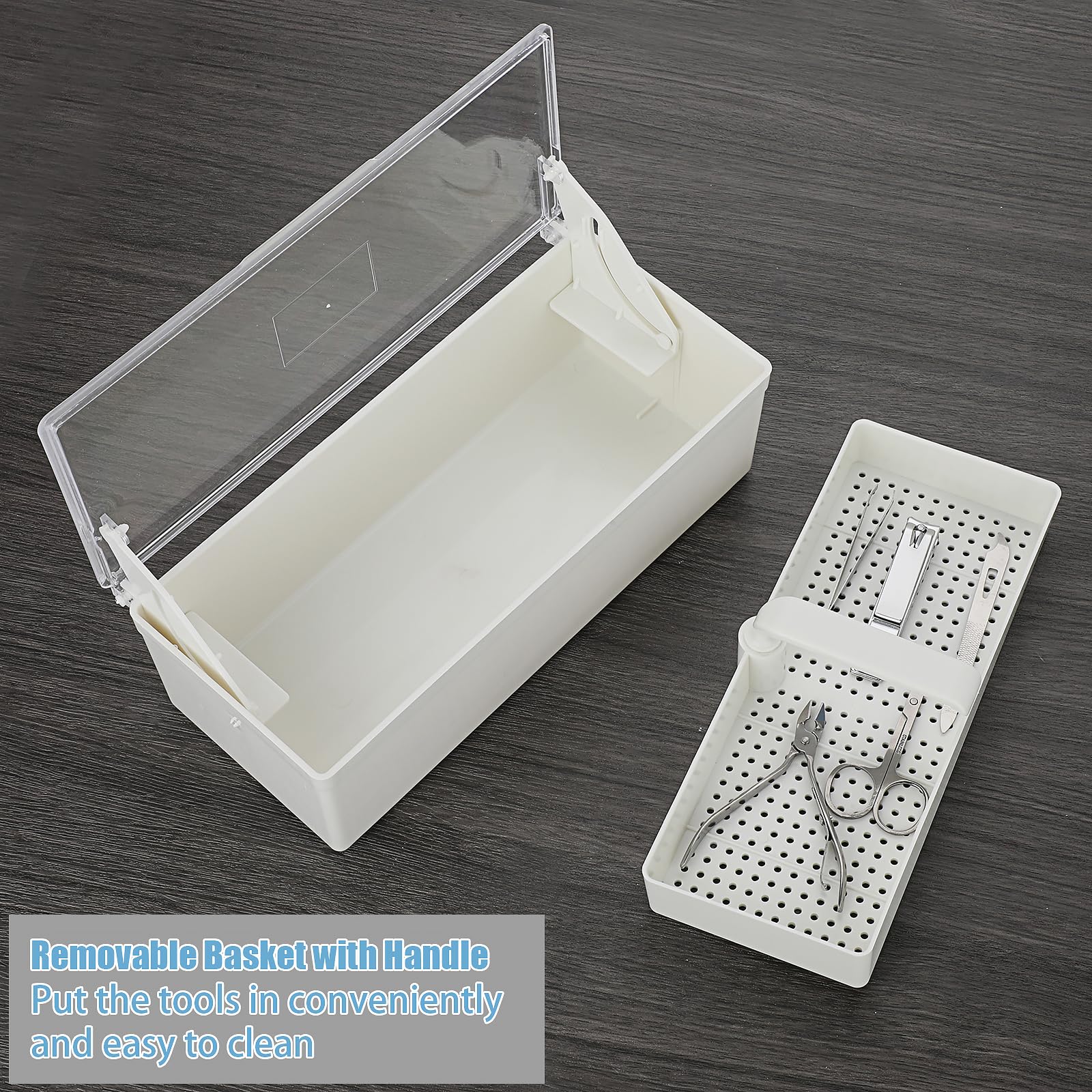 JUXYES Bandeja de esterilización de plástico para accesorios de arte de uñas, bandeja esterilizadora portátil con colador, caja de almacenamiento para pinzas, herramientas de manicura, herramienta de