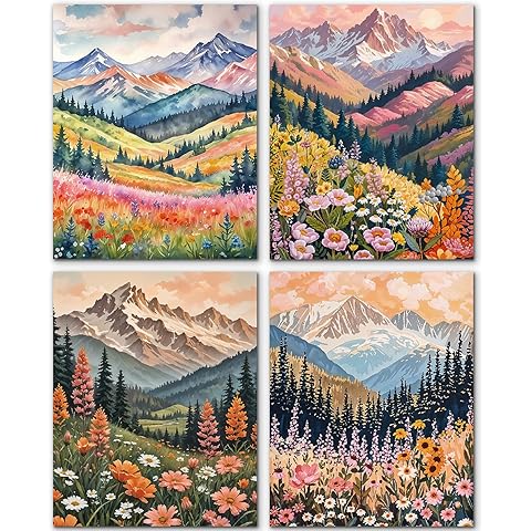 JINYO Boho Abstract Wildflower Mountain Scenery Wall Art Prints Set of 4, Modern Maximalist Colorful Floral Wall Decor Posters Pictures for Home Bedroom Living Room, 8x10 Unframed
