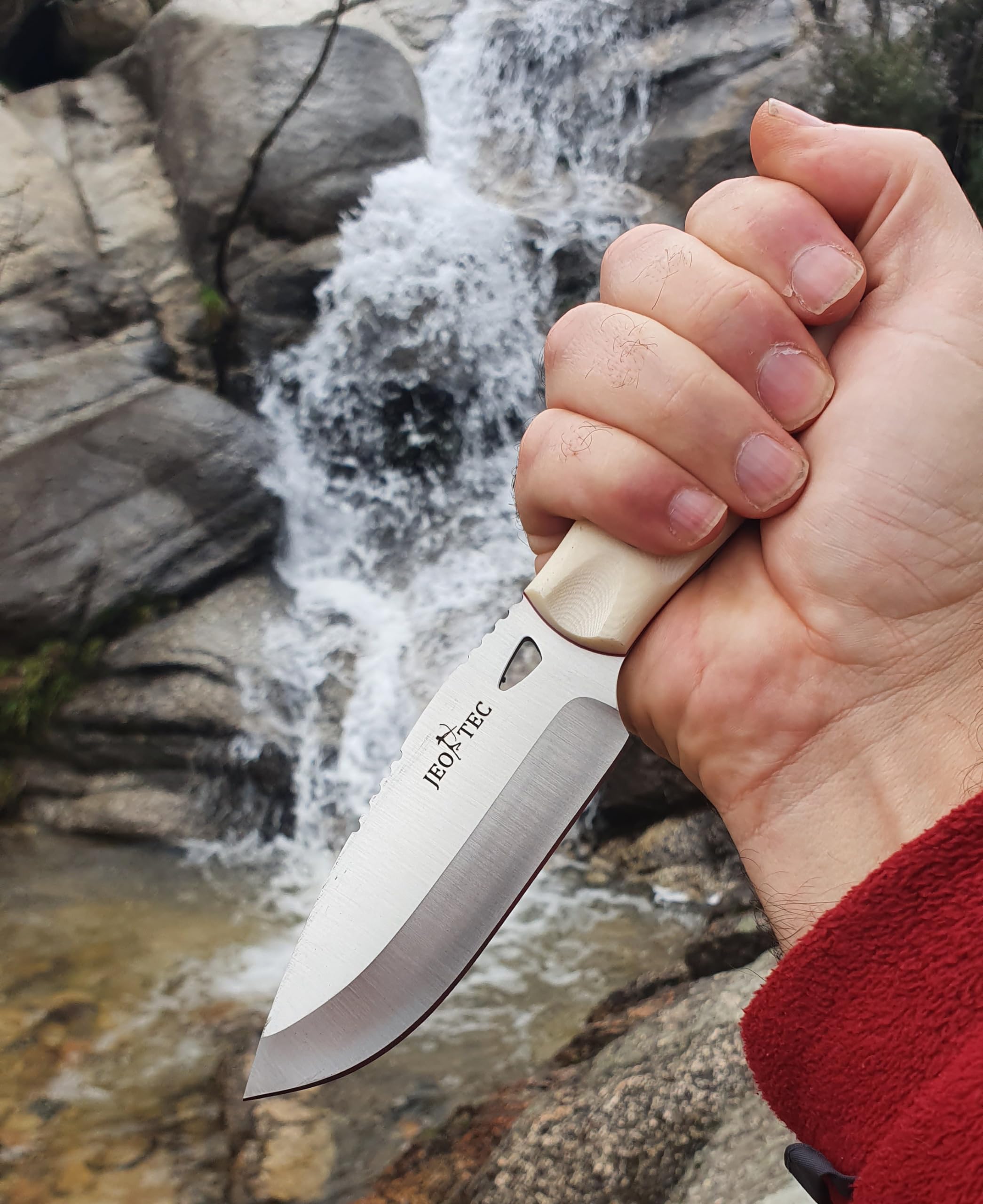 JEO-TEC Nº10 - Coltello Full-Tang a Lama Fissa per Bushcraft Sopravvivenza Pesca Caccia Campeggio, Lama di 10 cm Acciaio Inossidabile, Fodero, Ferrocerio, Handmade in Spain